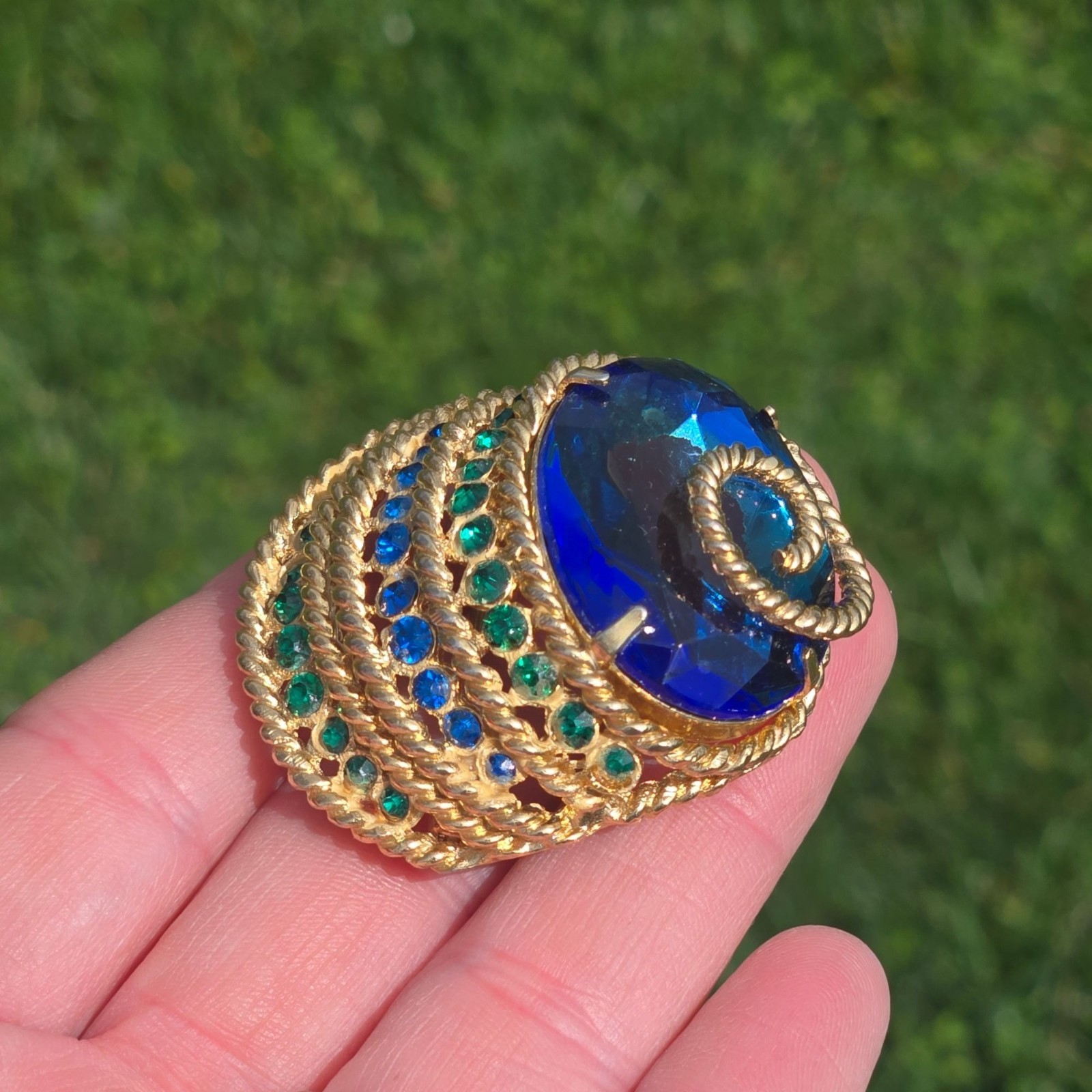 Vintage Corocraft Blue Glass Brooch Rhinestone Designer Jewelry Egyptian Revival