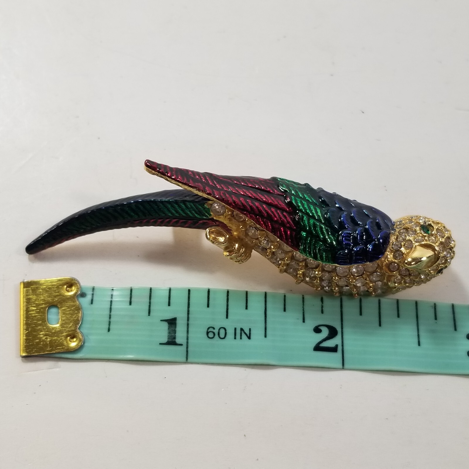 Vintage Rhinestone Parrot Brooch Enamel Red Green Blue Gold Tone Large