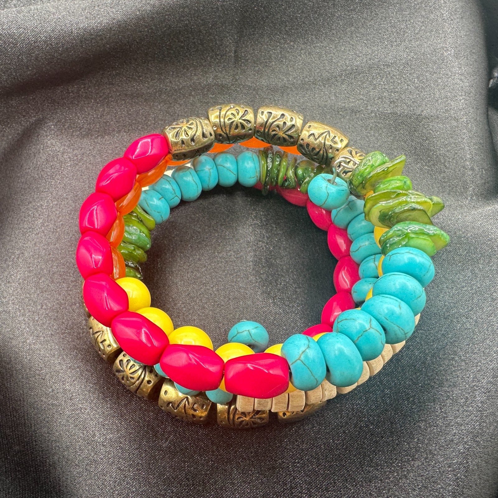 Vintage 90s Multi-Strand Wrap Bracelet Colorful Glass Wood Metal Bead Jewelry