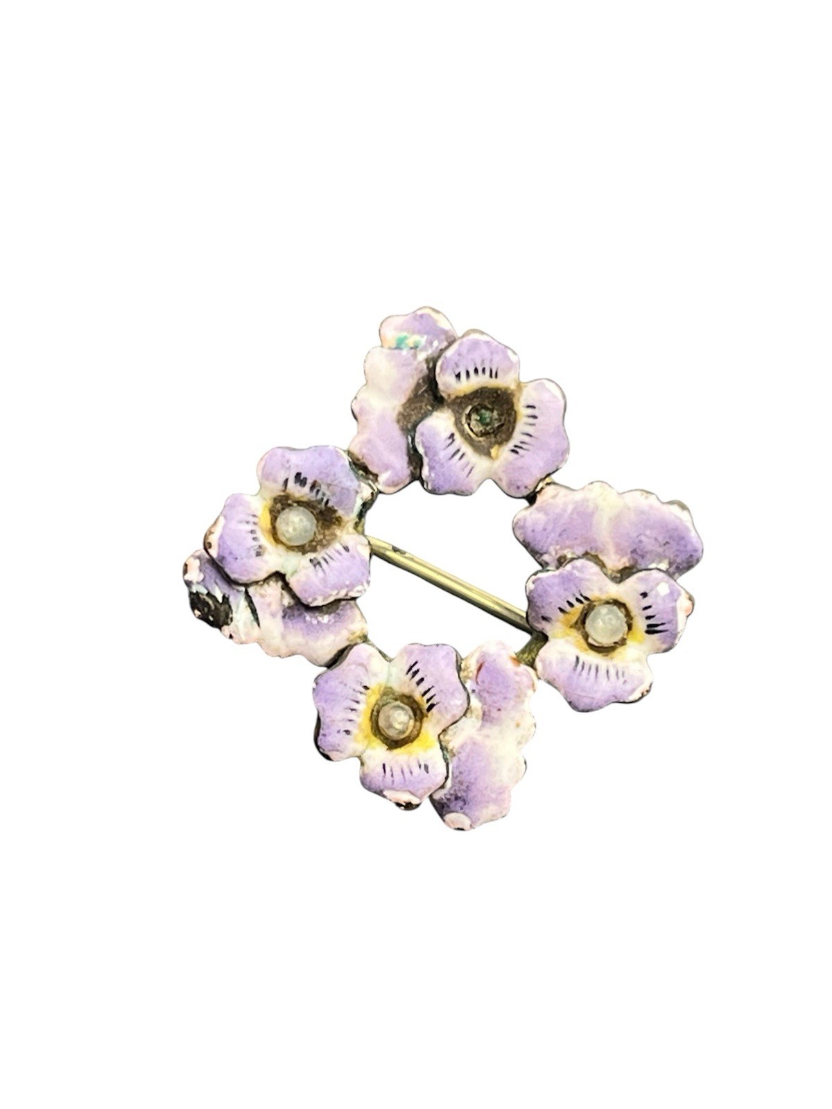 Art Nouveau purple enamel pansy flower gold tone vintage brooch pin faux pearl