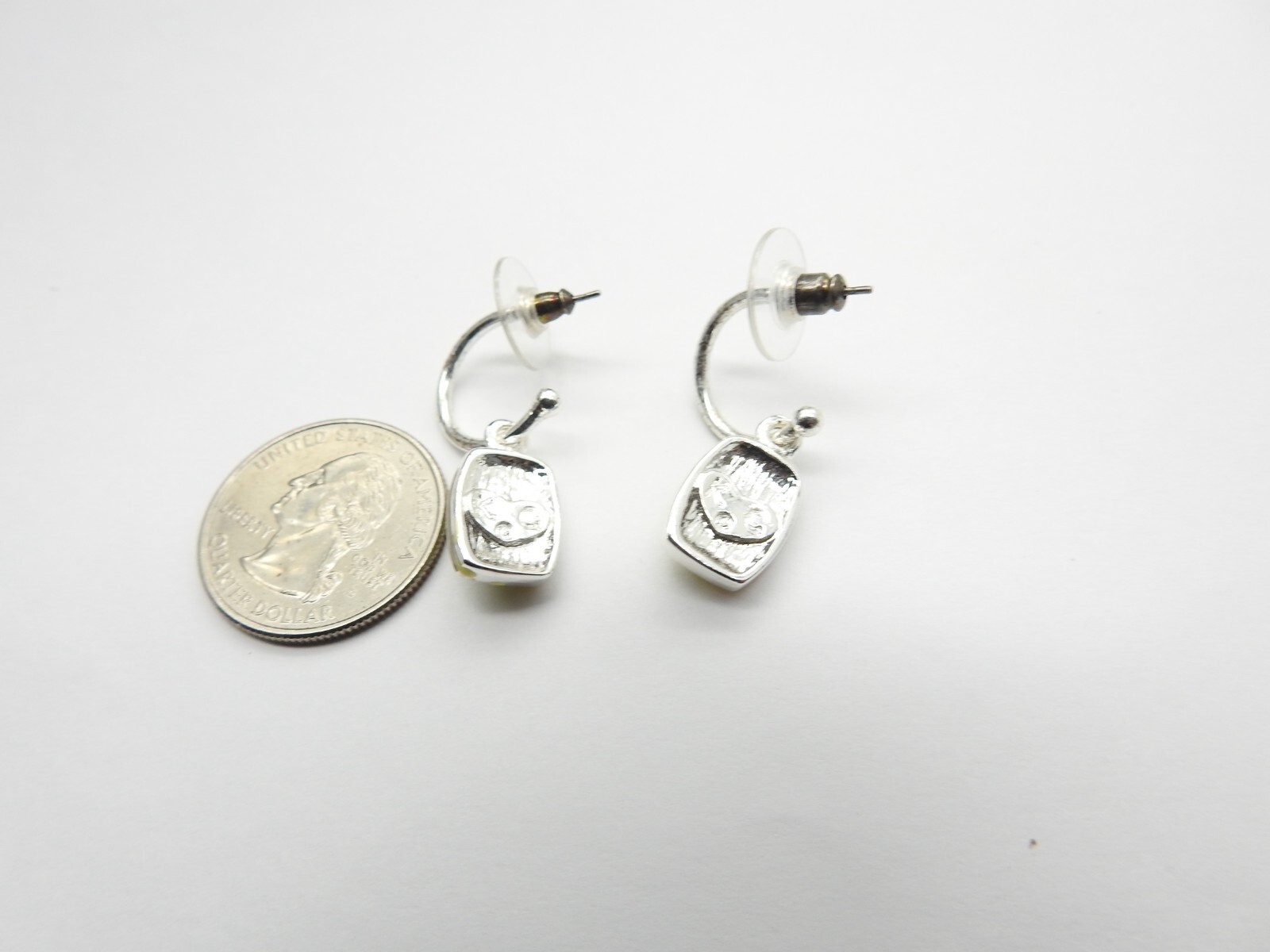 Signed KC Lime Green Swirled Enamel Silver Tone Hoop Pierced Earrings Vintage