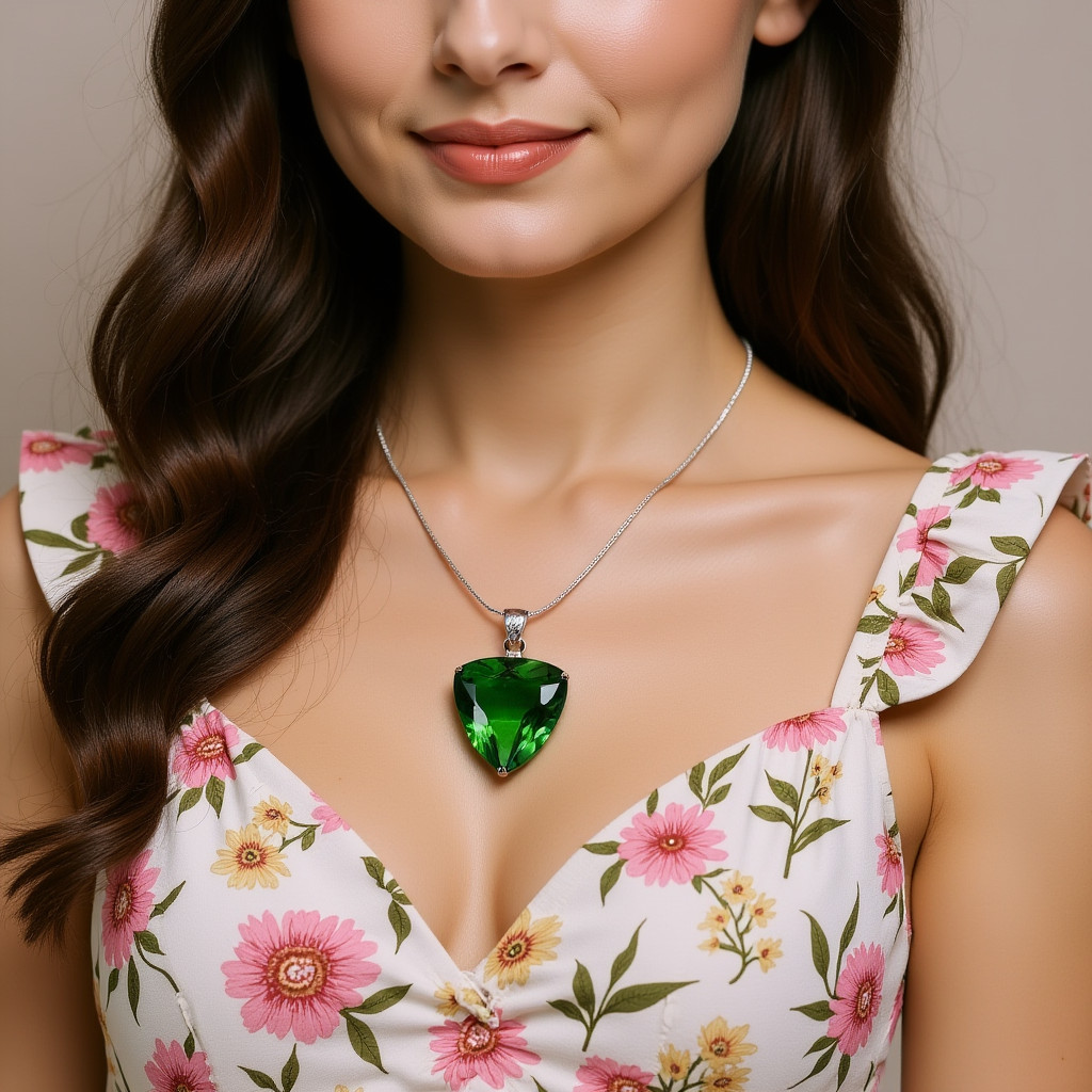 Handmade Green Emerald Trillion Pendant with Silver Chain