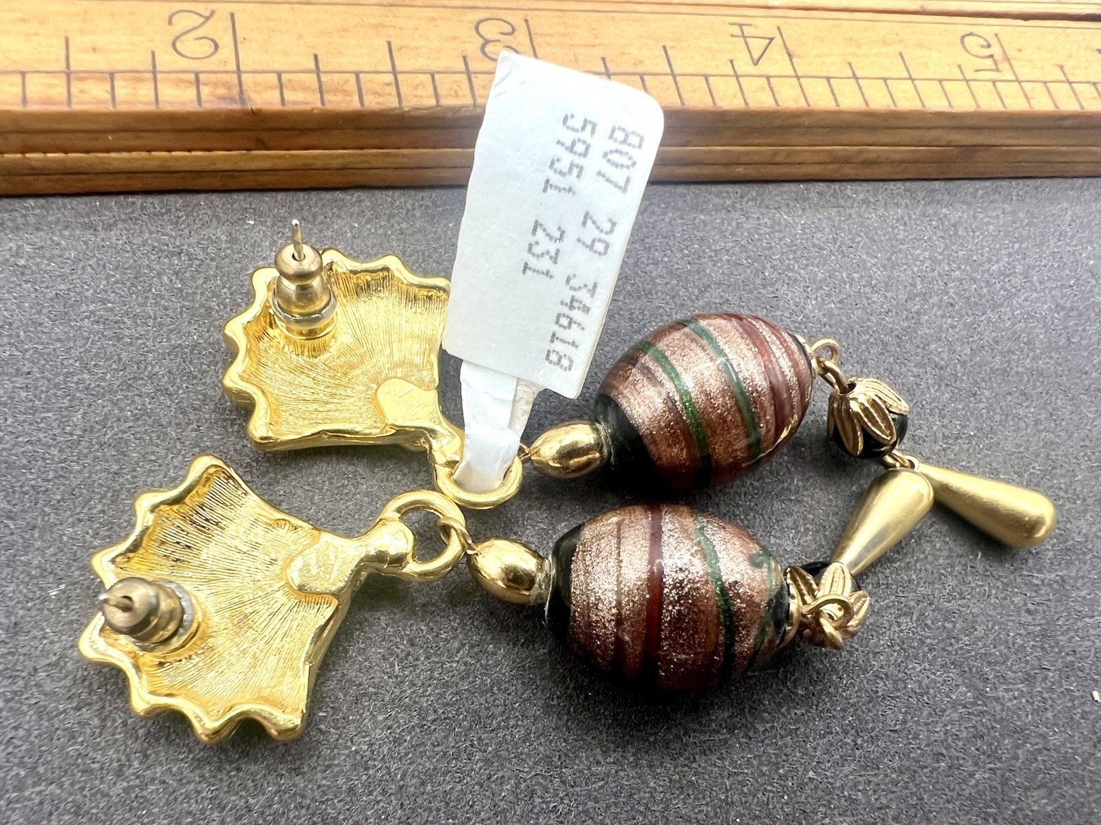 Vintage Gold Black Glass Bead Earrings Dangles New Old Stock NOS 1980s NWT VR