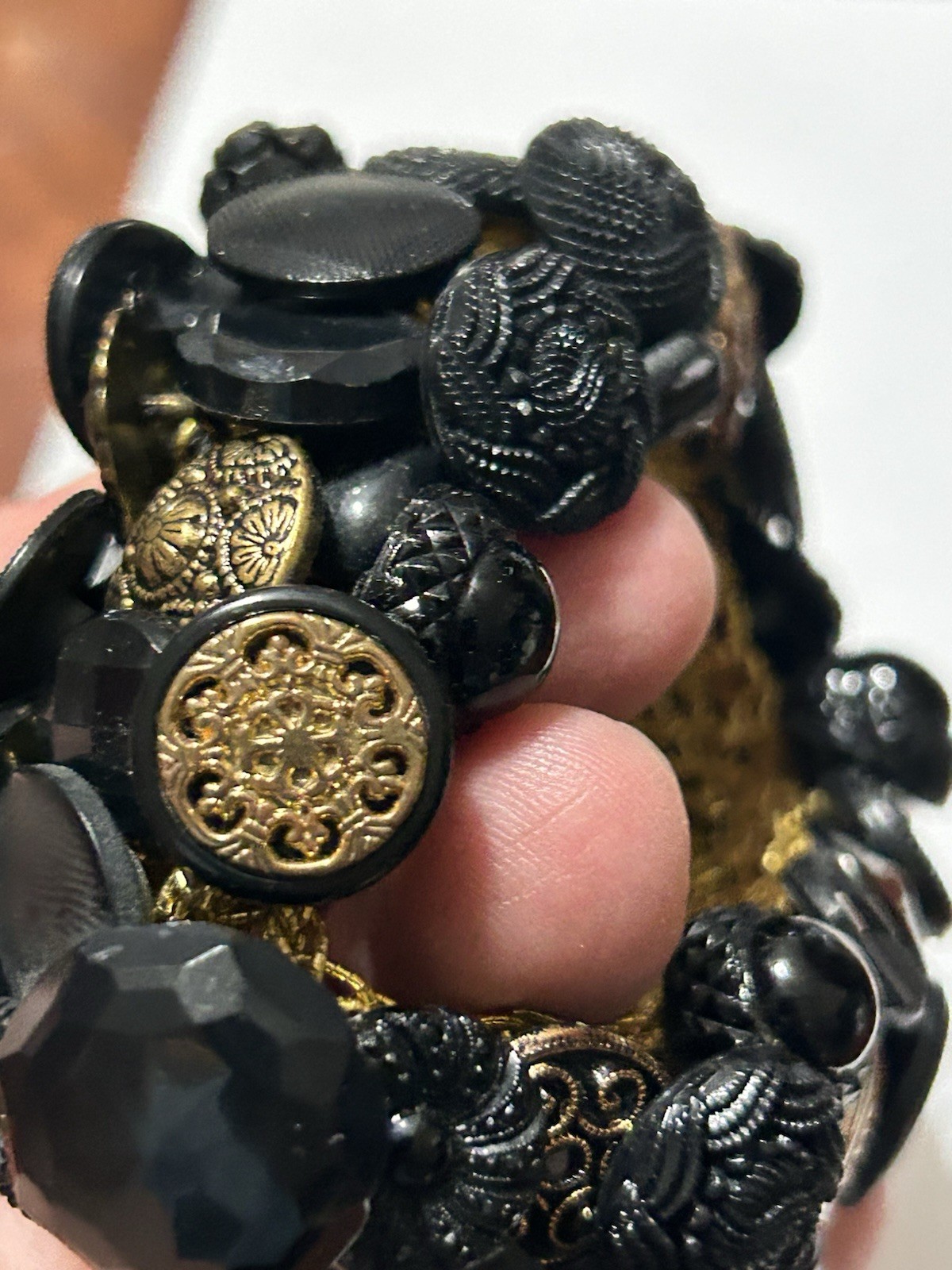 VTG 70s Mid-Century Buttons Treasure Bracelet Crochet Black/Gold Victorian Style