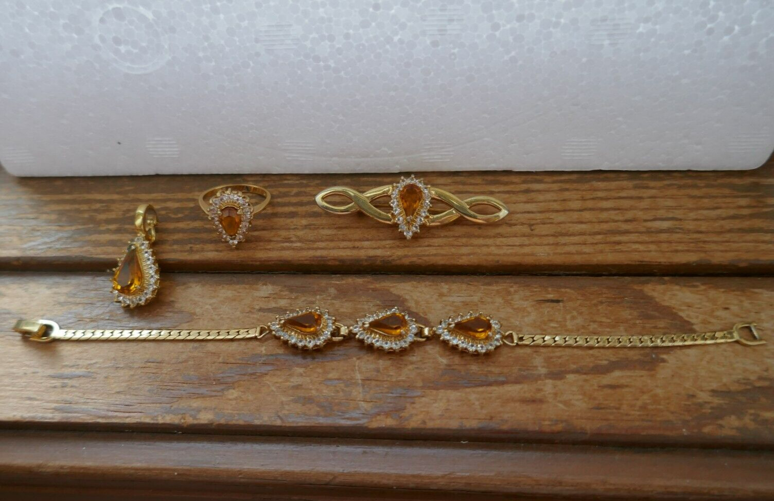 VTG Lot GP Set Citrine & Clear CZ Bracelet Pendant Necklace Enhancer Brooch Ring