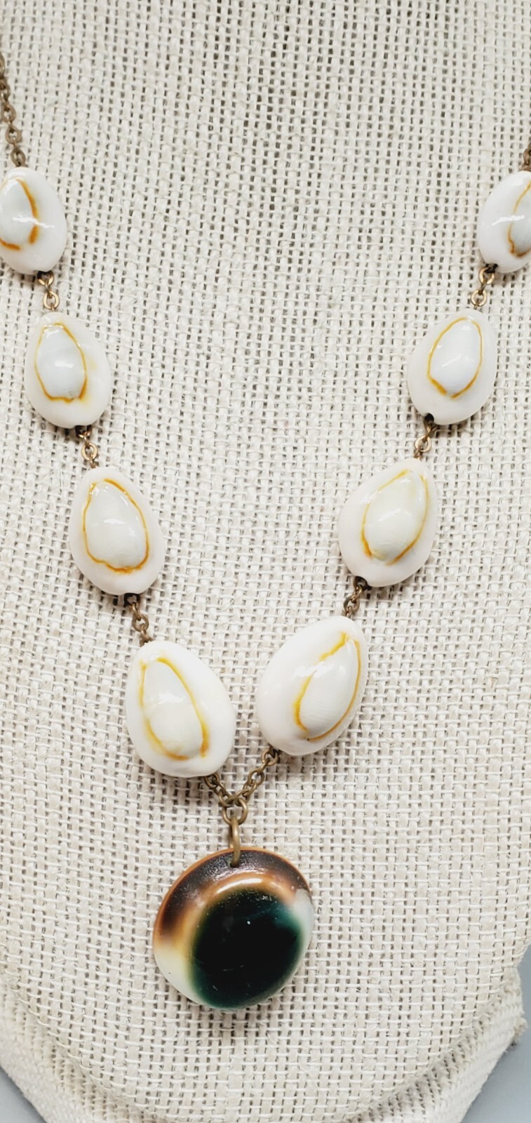 Creamy & Brown Cowrie Shells w/ green and brown sea pendant necklace ne02