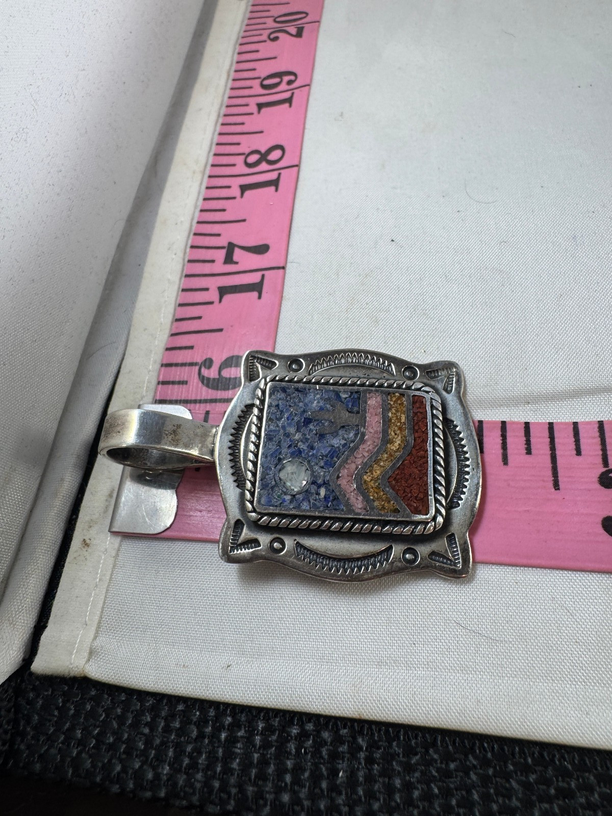 Vintage CJ Sterling Silver Inlay mosaic stone in landscape design pendant