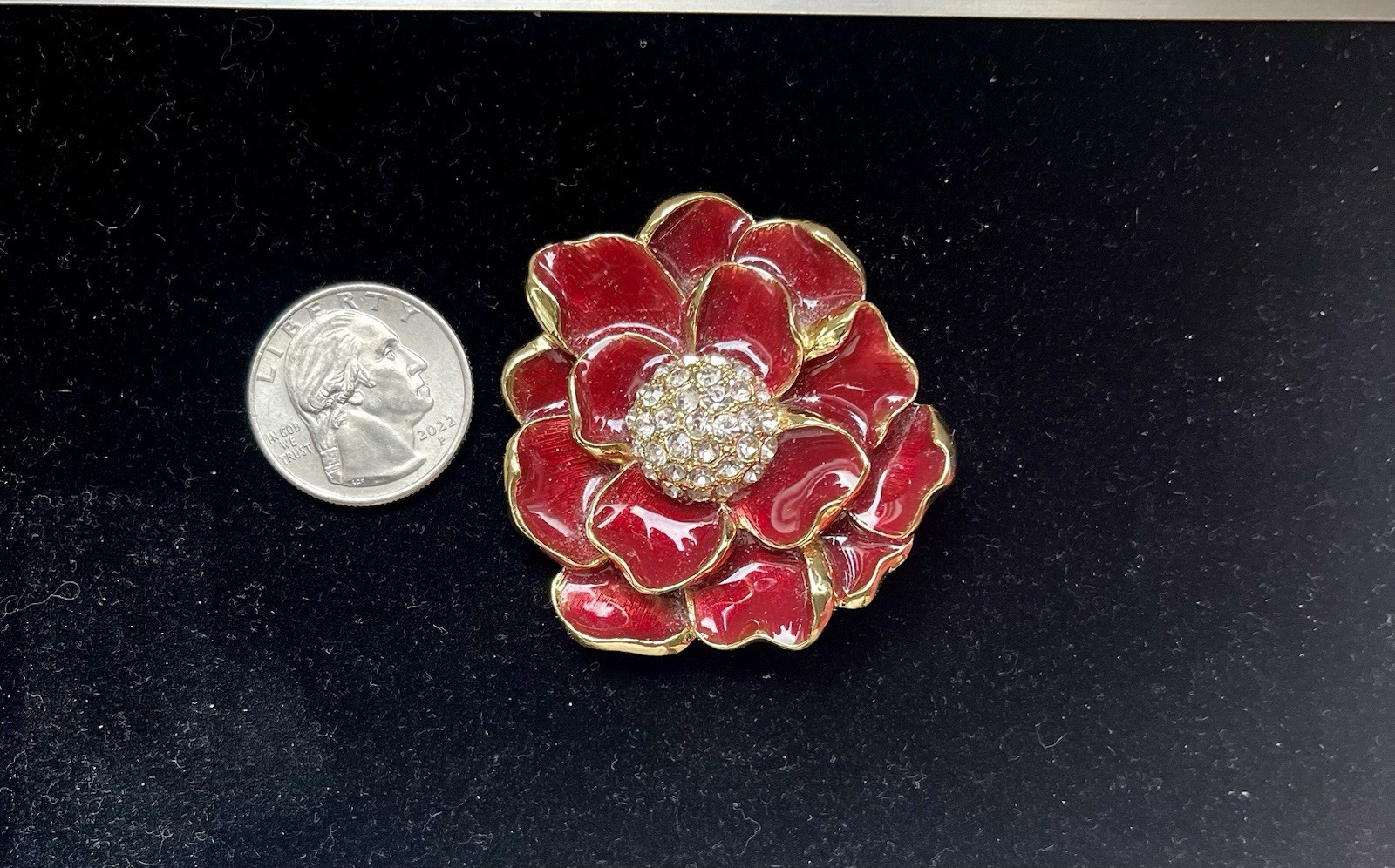 Vintage Monet Signed ENAMEL Red Poppy Flower Brooch-Pin Gold Tone & Rhinestones