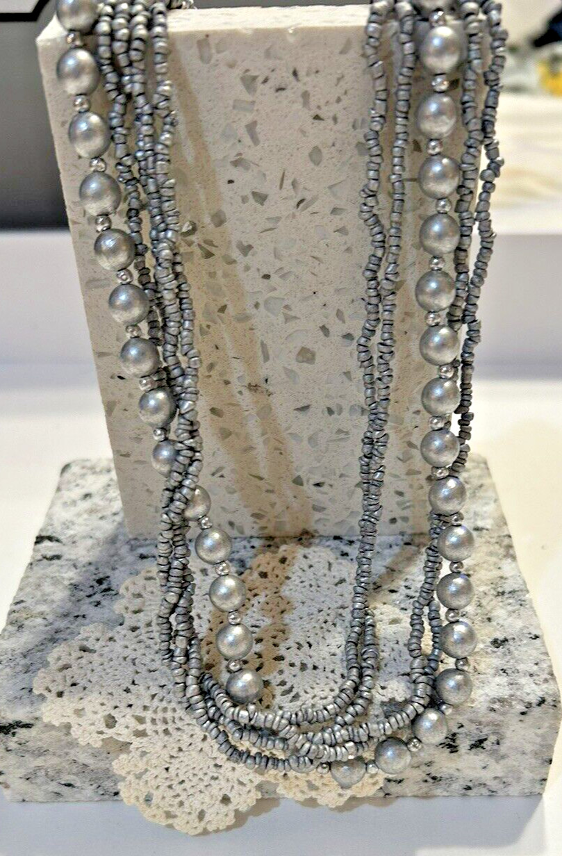 Vintage Multi Strand Silver Gray Pearl and Seed Bead Necklace N5