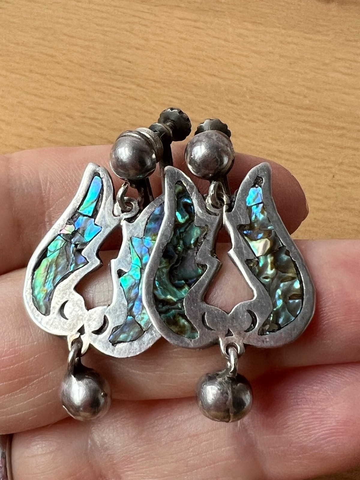VINTAGE TAXCO MEXICO TULIP DESIGN ABALONE SCREW BACK EARRINGS 925 STERLING SLVER