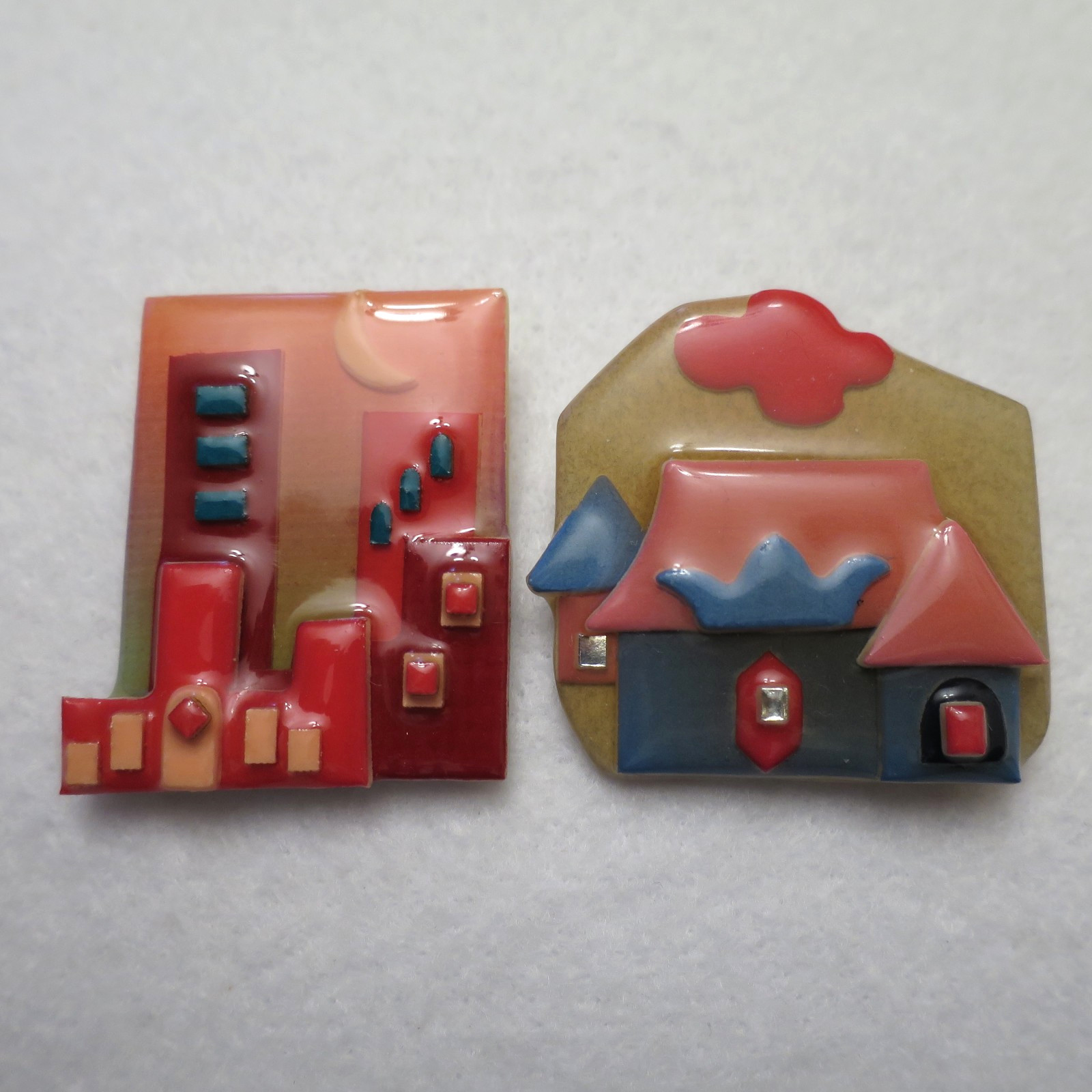 Lot of 2 Lucinda House Pins City Buildings Pink Blue Brown Moon Cloud Sunset VTG