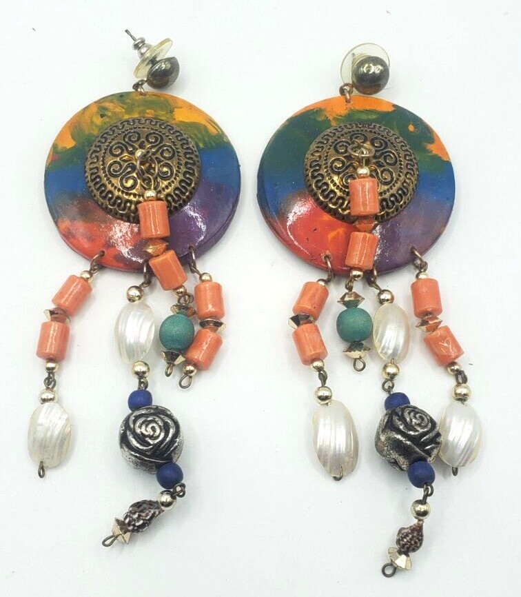 Vintage Pierced Earrings Wood an Copper tone Multi Beads One White Missing