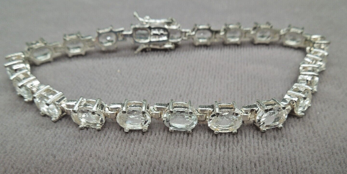 Vintage Sterling Silver Faceted Oval Clear White Topaz Tennis Bracelet 8″