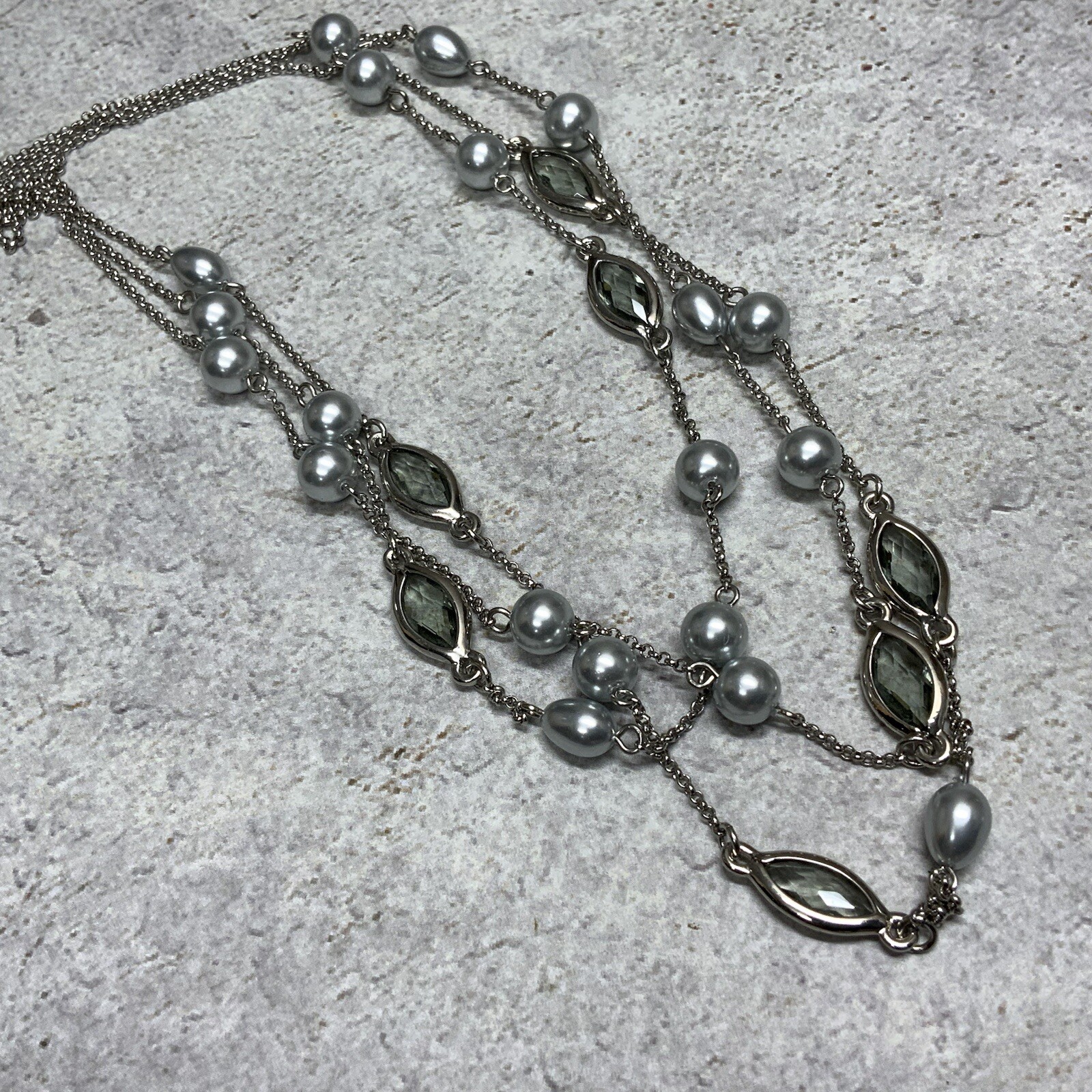 Modern signed MONET gray pearl and bezel rhinestone multi-strand necklace