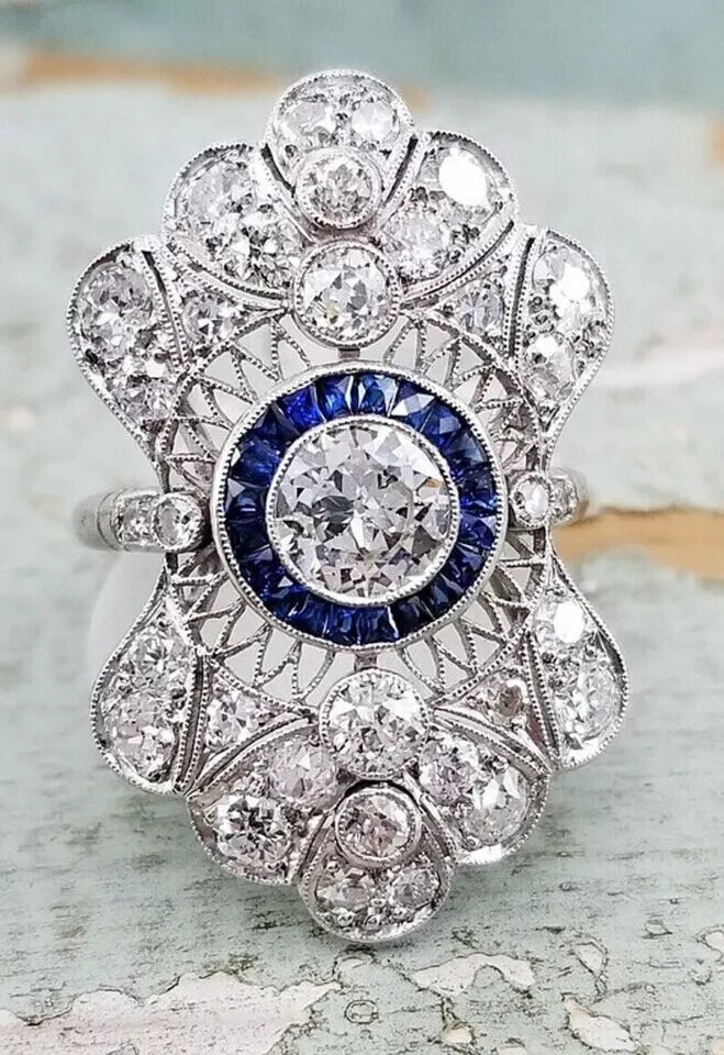Art Deco Style 3Ct Lab Created Diamond & Sapphire Wedding 14K White Gold FN Ring