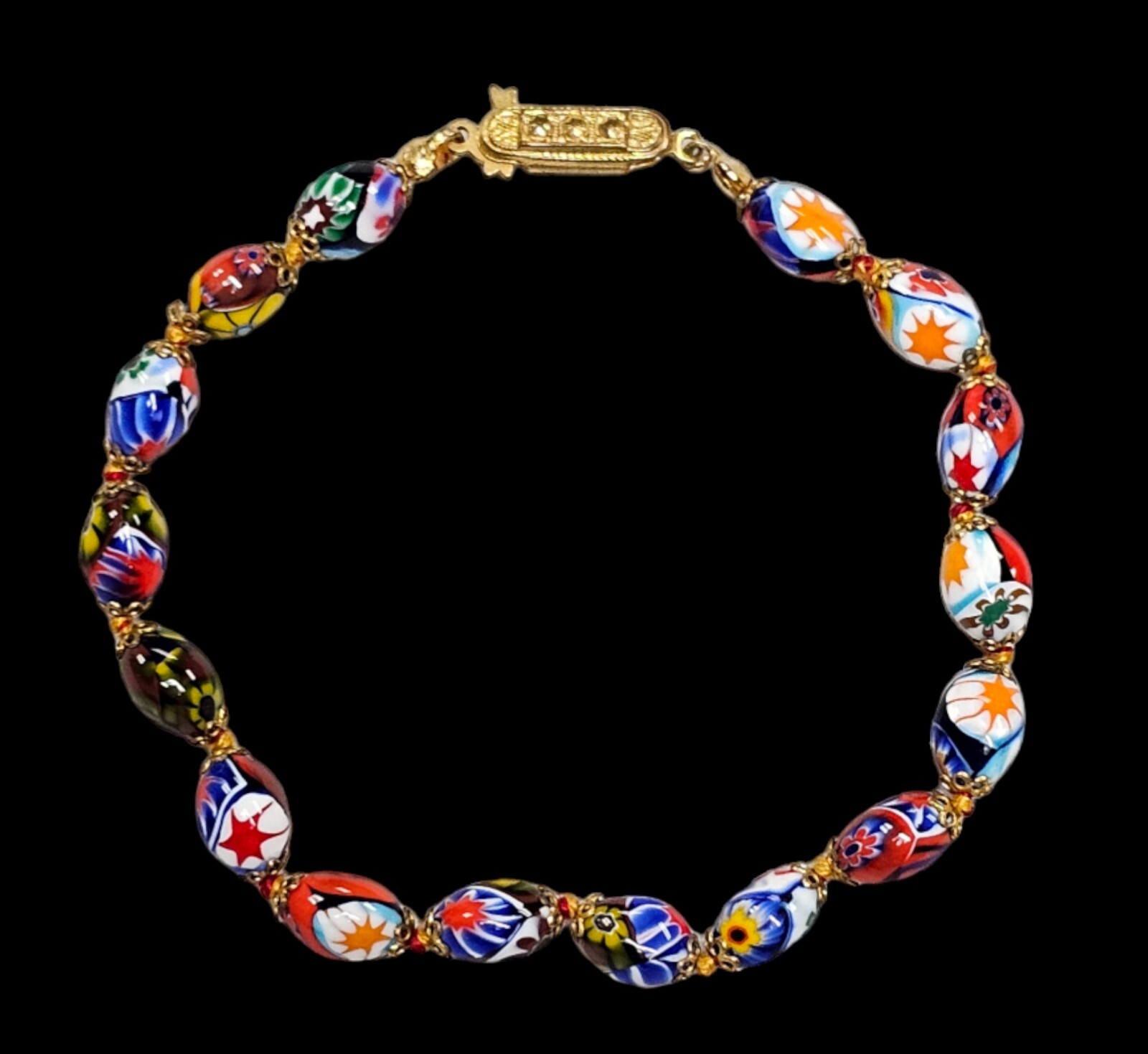 Vintage Colorful Italy Millifiori Glass Bead Hand Knot Gold Metal 7.5″ Bracelet