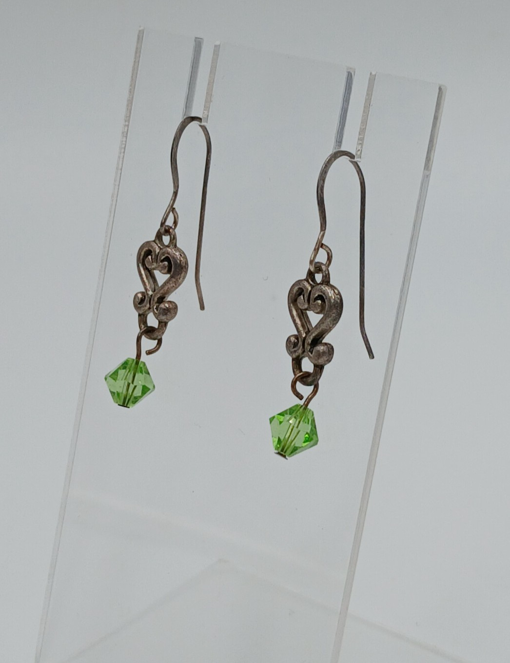 VTG 925 Green Bicone Crystal Earrings 1.25in Drop Sterling Silver Heart Scroll