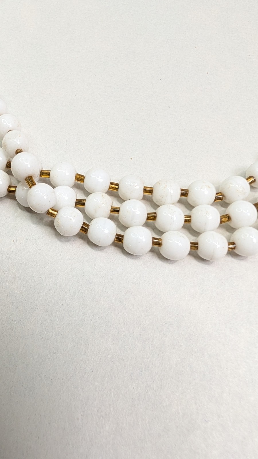 1950s Milk Glass Necklace Triple Strand With Brass Tulip Caps Glass Clasp 16.5in