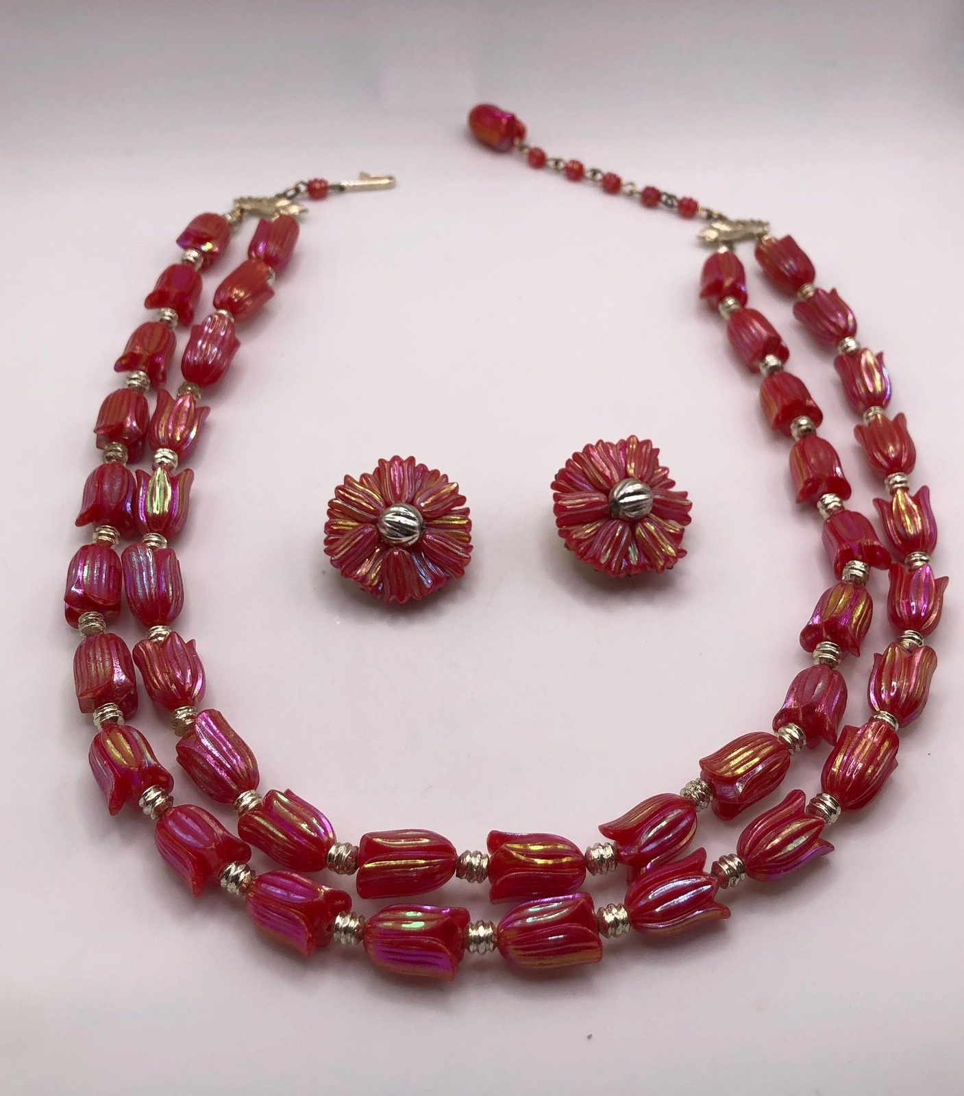 Vintage red iridescent tulip bead two strand necklace and earrings
