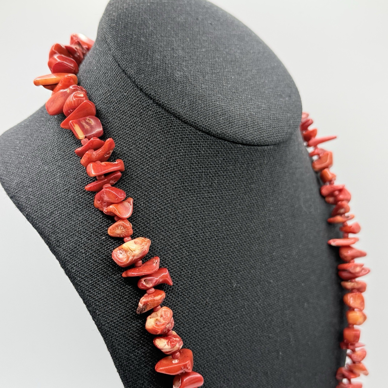 Genuine Natural Nugget Red Coral Bead necklace 22” Silver tone Clasp