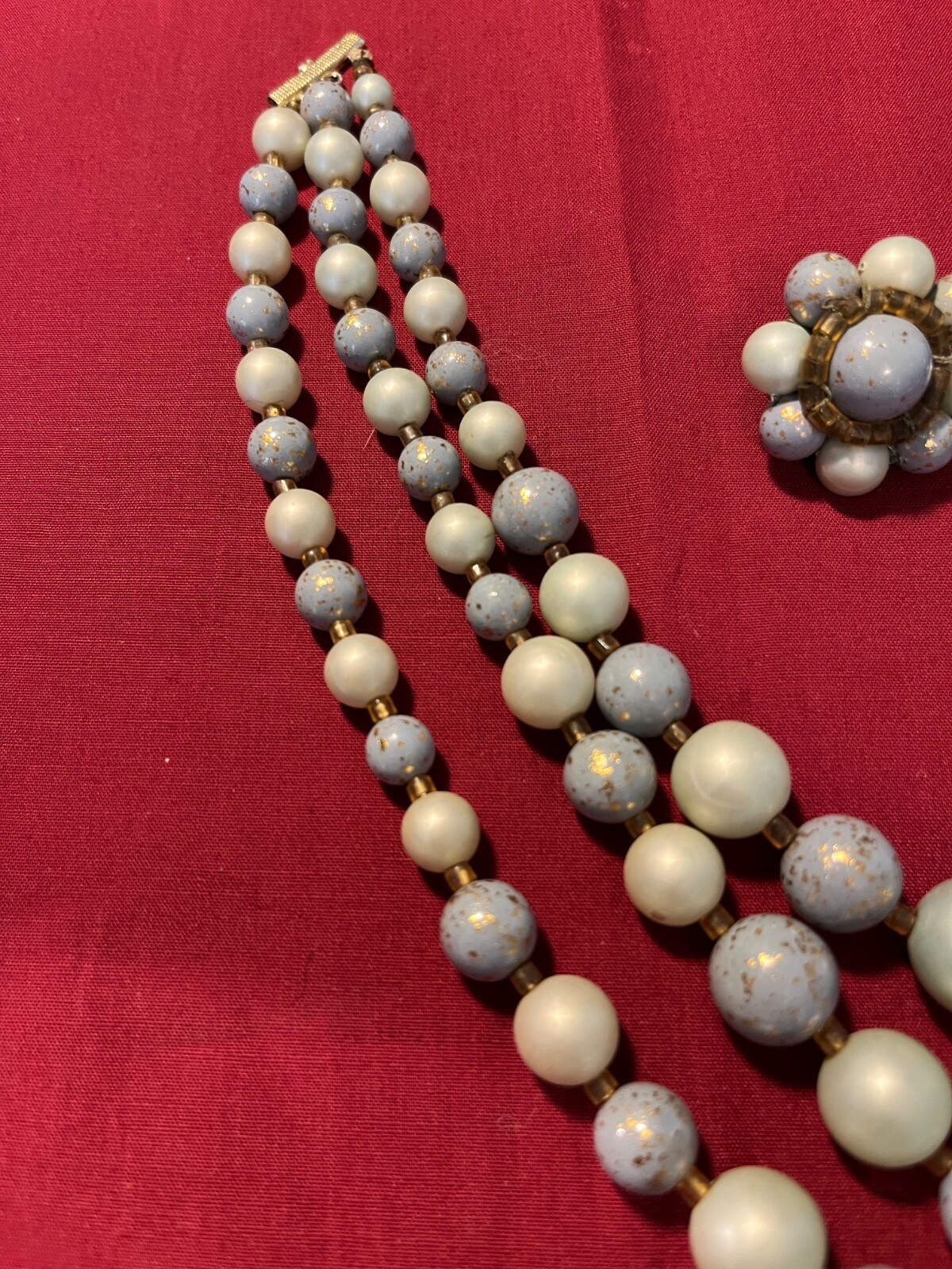Vintage Japan 3-Strand Blue Shiny & Frosted Necklace With Clip On Earring Set