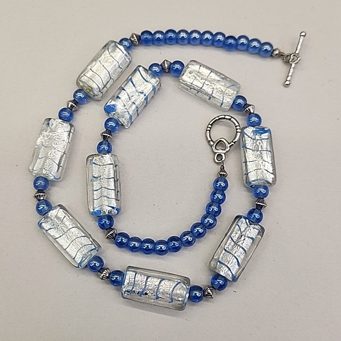 Vintage Glass Beaded Necklace Blue Striped Silver Foil Toggle 19″