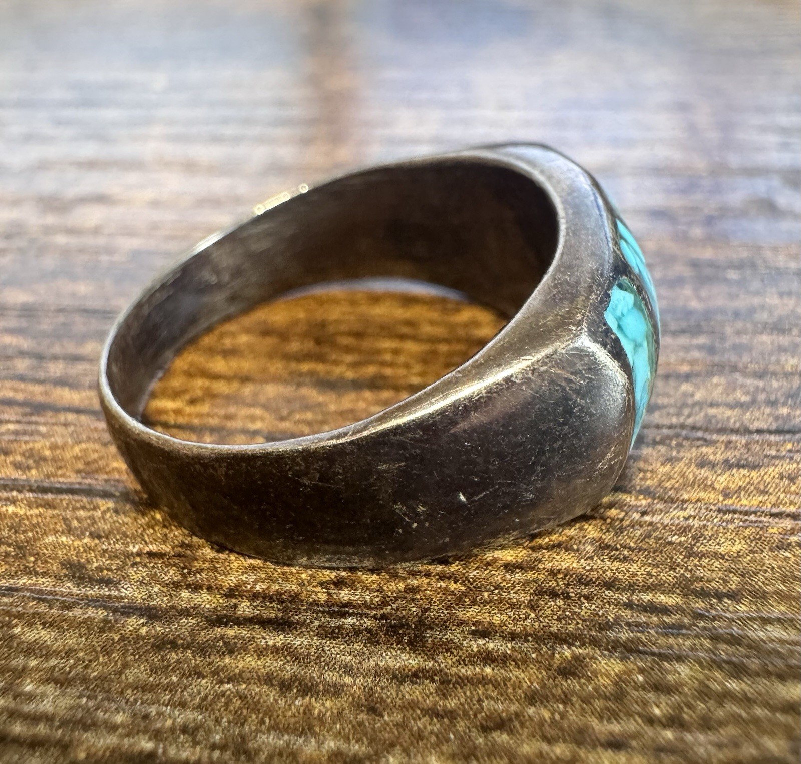 Vintage Southwestern Sterling Silver, Chip Inlay Turquoise Ring – Size 10.25