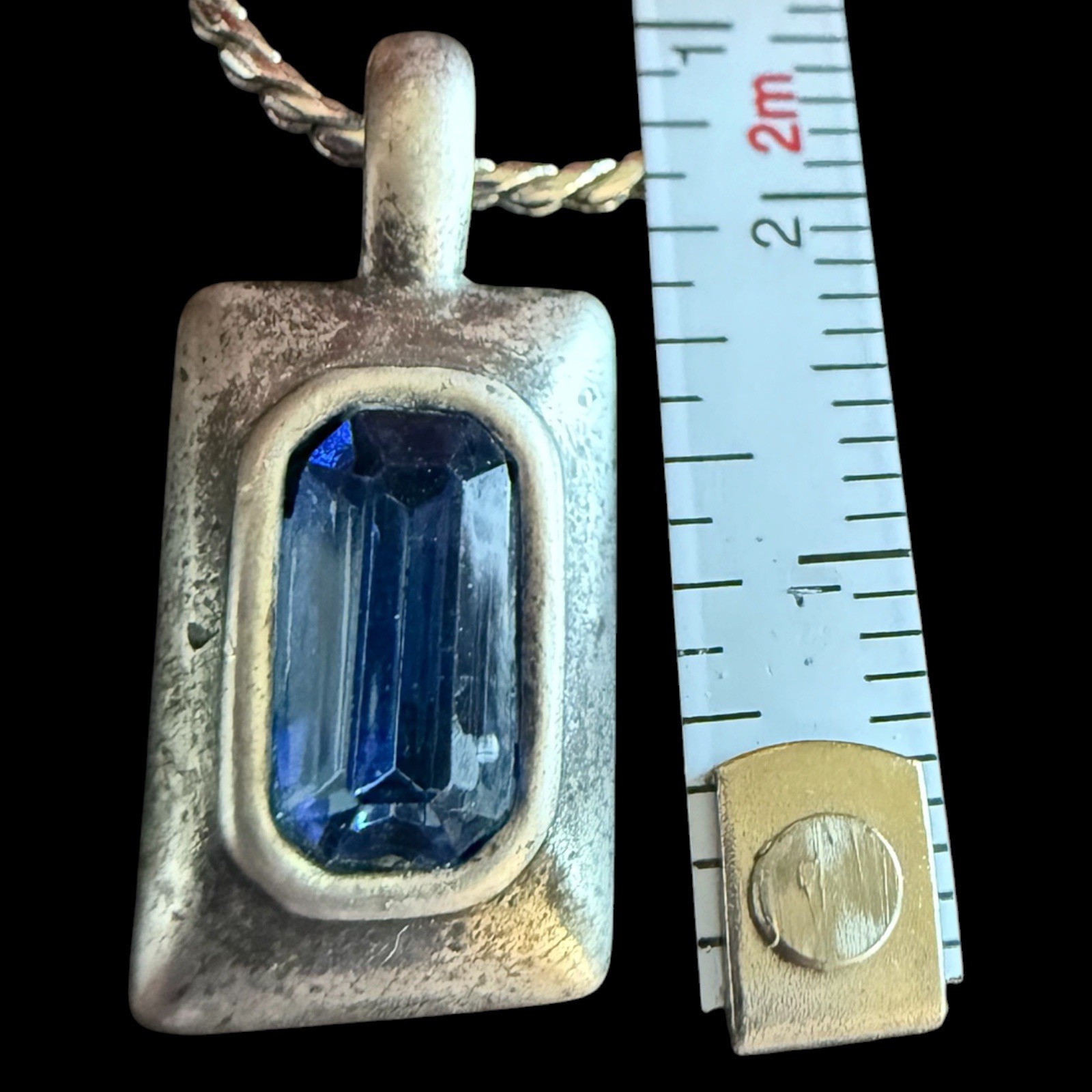 Vintage Silver Necklace Royal Blue Baguette Crystal Pendant, Silver toned Chain