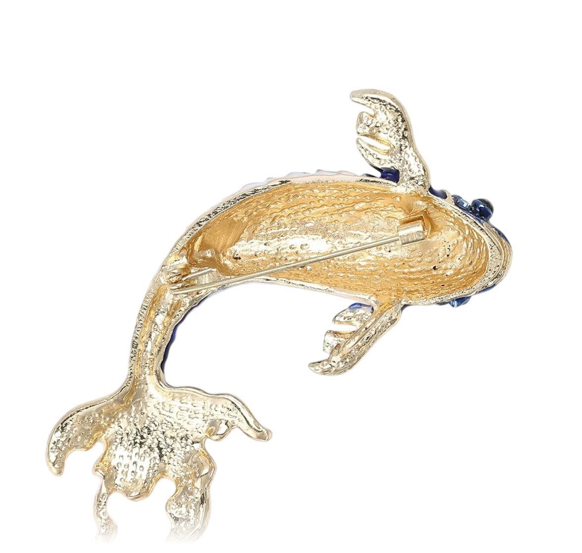 Blue & White Enamel Lucky Koi Fish Brooch with Crystal Accents