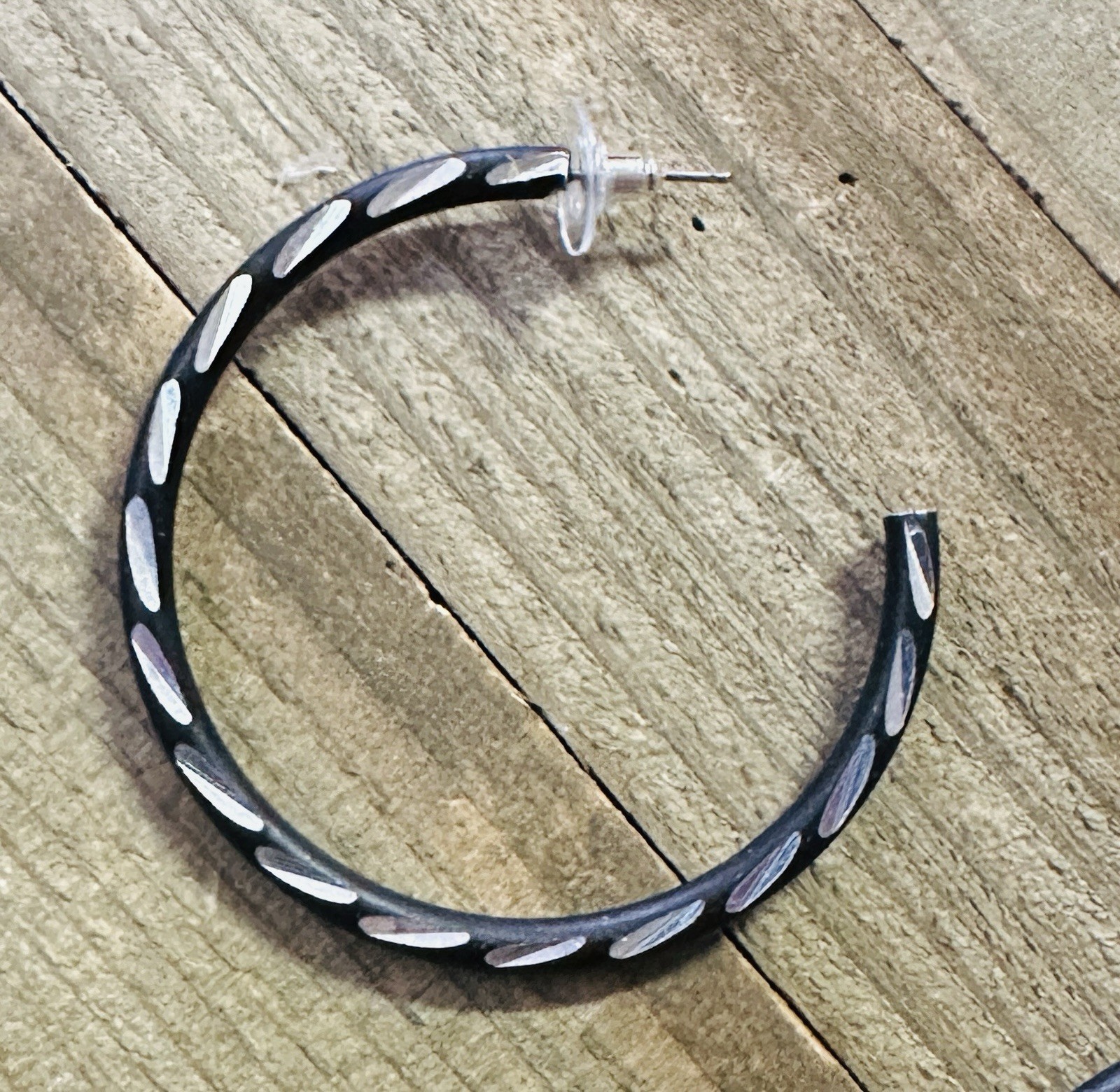 Vintage Silver Black Tone Textured Hoop Earrings 2”