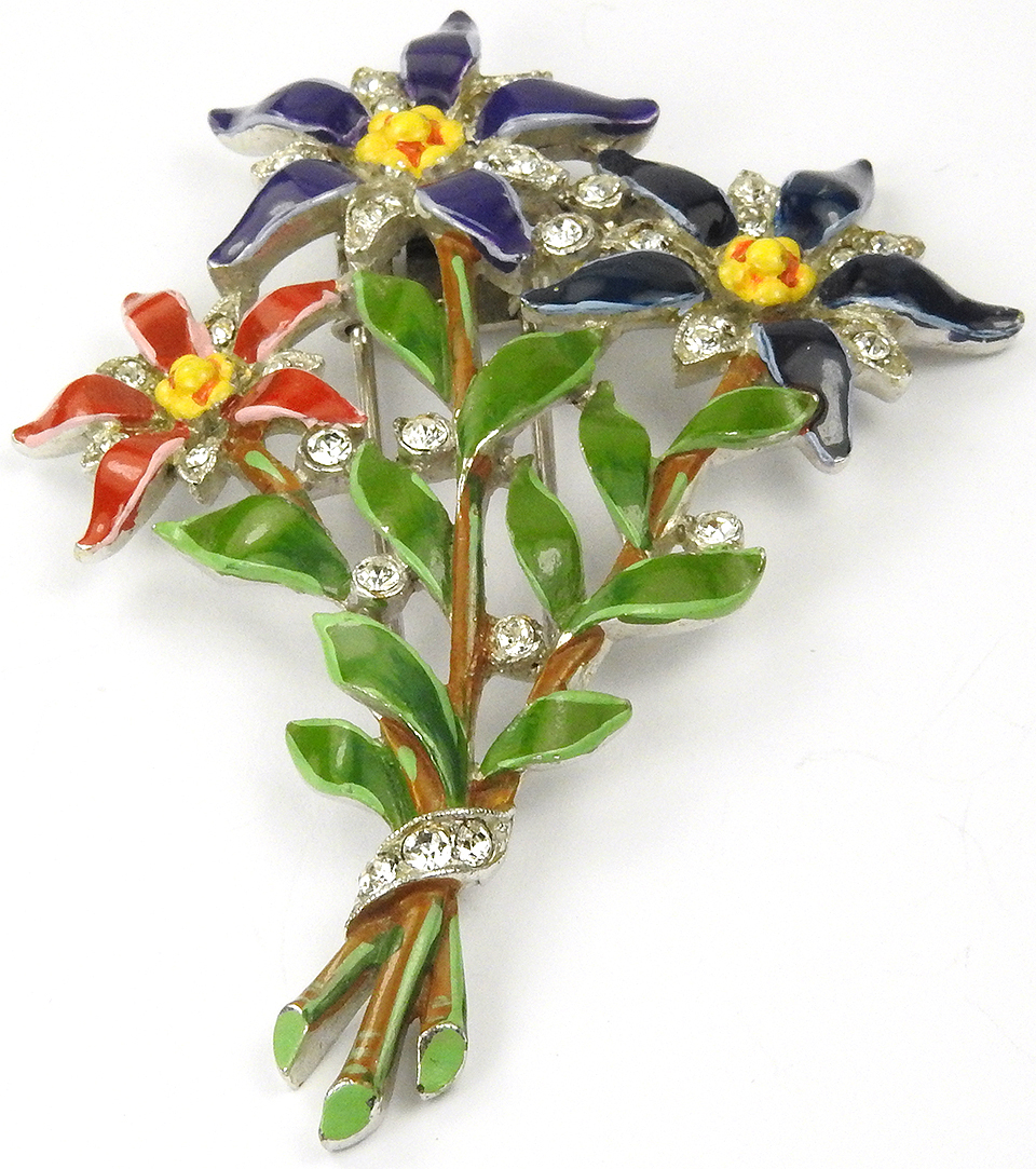 Trifari ‘Alfred Philippe’ Red Violet and Blue Enamelled Star Flowers Pin Clip