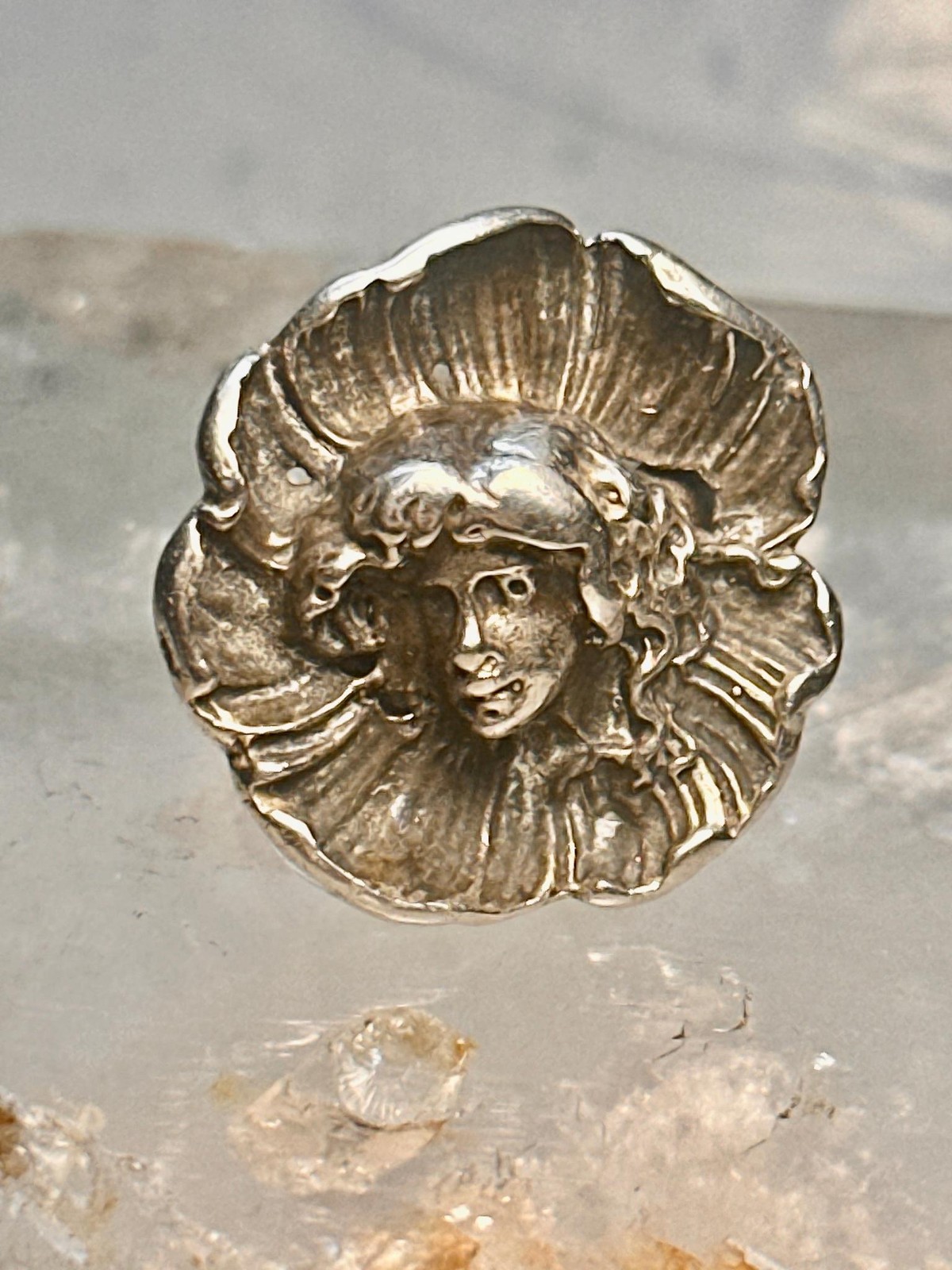 Vintage Face ring in poppy flower Art Nouveau size 6.75 sterling silver women gi