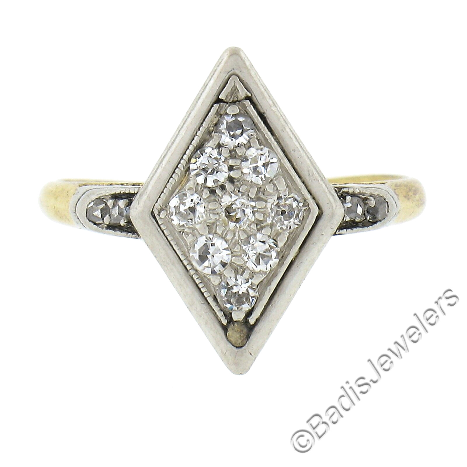 Antique Edwardian 18K Yellow Gold & Platinum Old Cut Diamond Lozenge Shape Ring