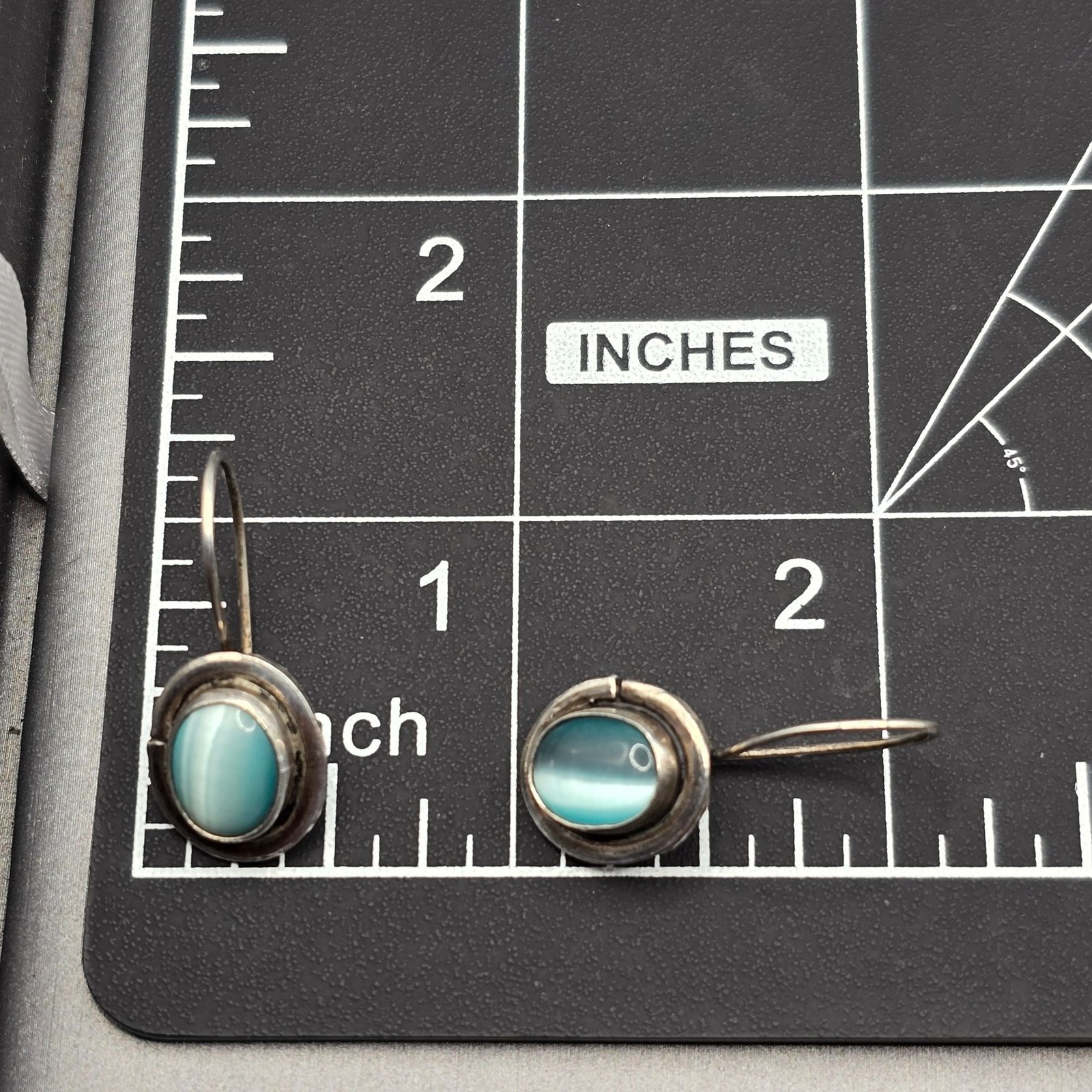 Vintage Sezgin Sterling Silver Blue Cats Eye Drop Earrings Modernist Dangle