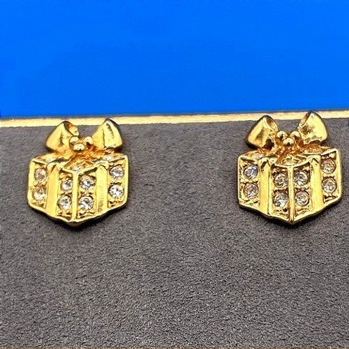 Vintage Gold Tone Crystal Gift Box Stud Small Earrings 17.5mm Clear Stone