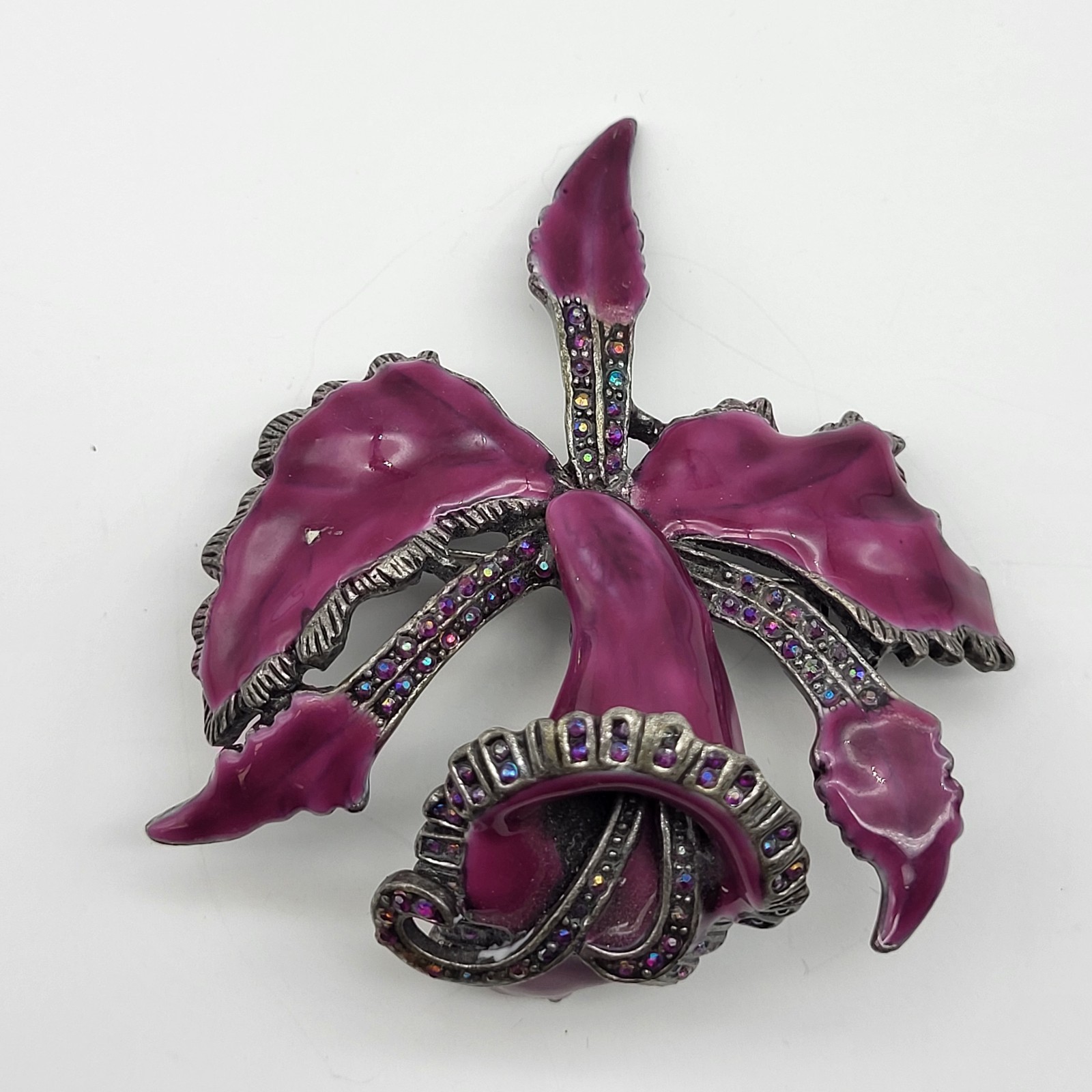 Stunning Purple enamel rhinestone Orchid Flower Brooch pin Realistic Botanical
