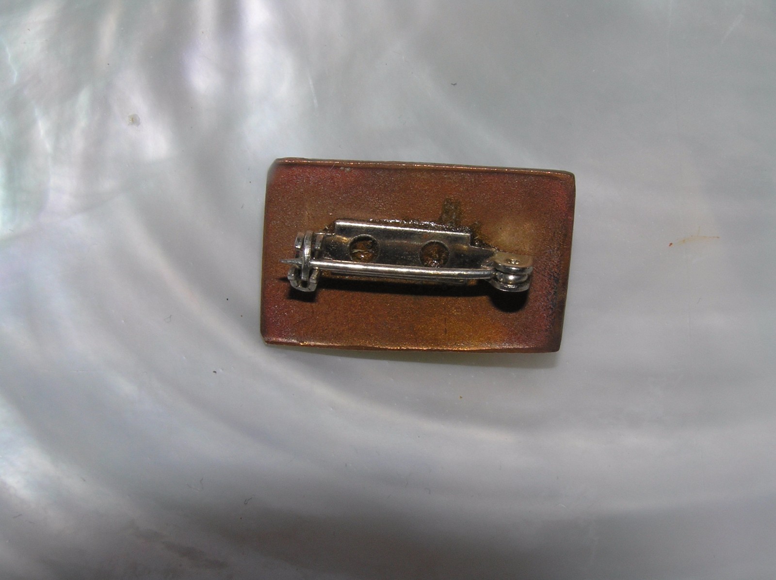 Vintage Handmade Small Orangish Brown & Green Enamel Copper Rectangle with Stone