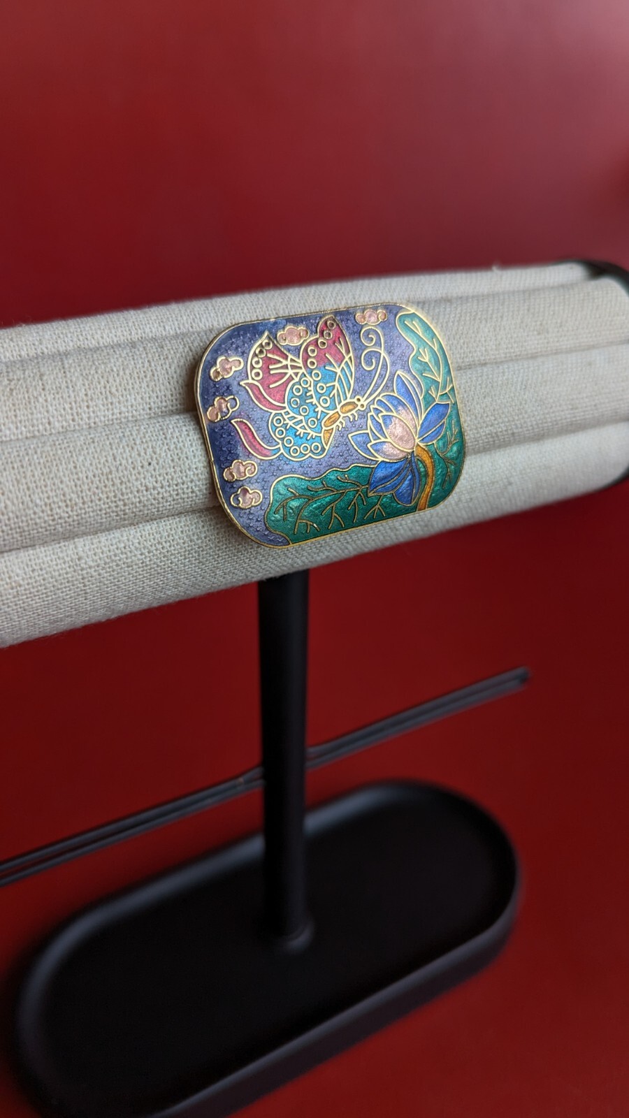 Vintage 2″ Blue Green Red Butterfly Flower Cloisonne Enamel Gold Tone Brooch Pin