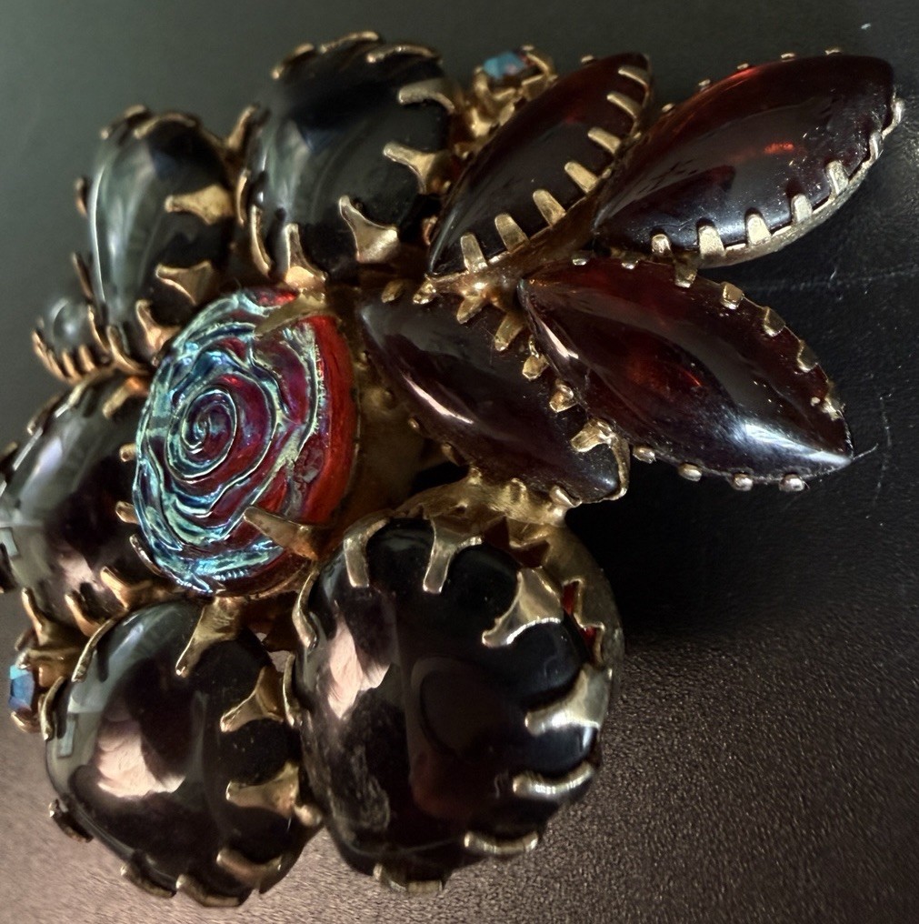 Deep Red Glass Molded Rose Brooch Art Glass Flower AB Rhinestone Statement Vtg