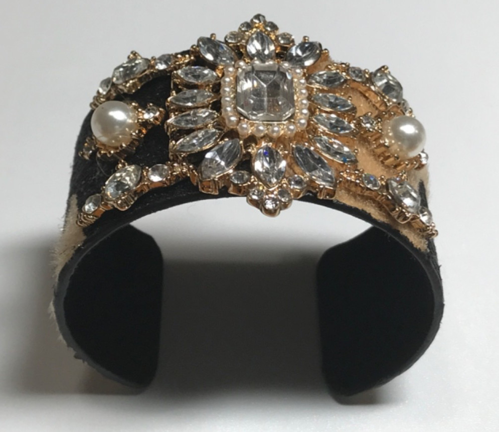 Vintage Cuff Bracelet Faux Fur Rhinestones Faux Pearls Statement Runway