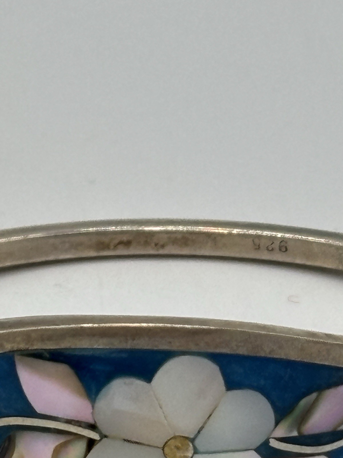 Alpaca Mex 925 Abalone Shell Mother Of Pearl Inlay Hinged Bangle Bracelet 5.5”
