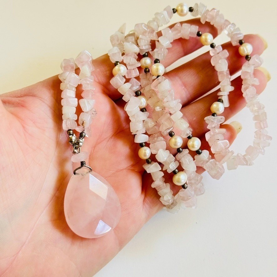 VTG Rose Quartz pink Beaded Necklace natural genuine stone pearl beads rare 40″