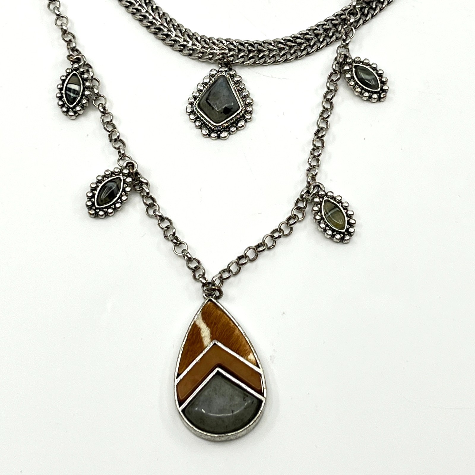 VTG Shyanne Southwest Boho Silver Tone Multi-Layer Mixed Stone Faux Fur Necklace