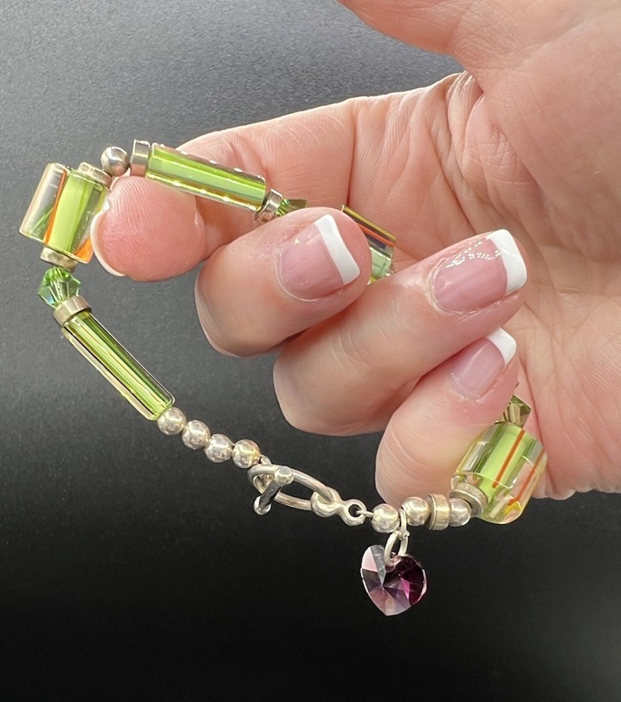 Sterling Silver, Blown Glass, Faceted Crystal Bracelet, 7”