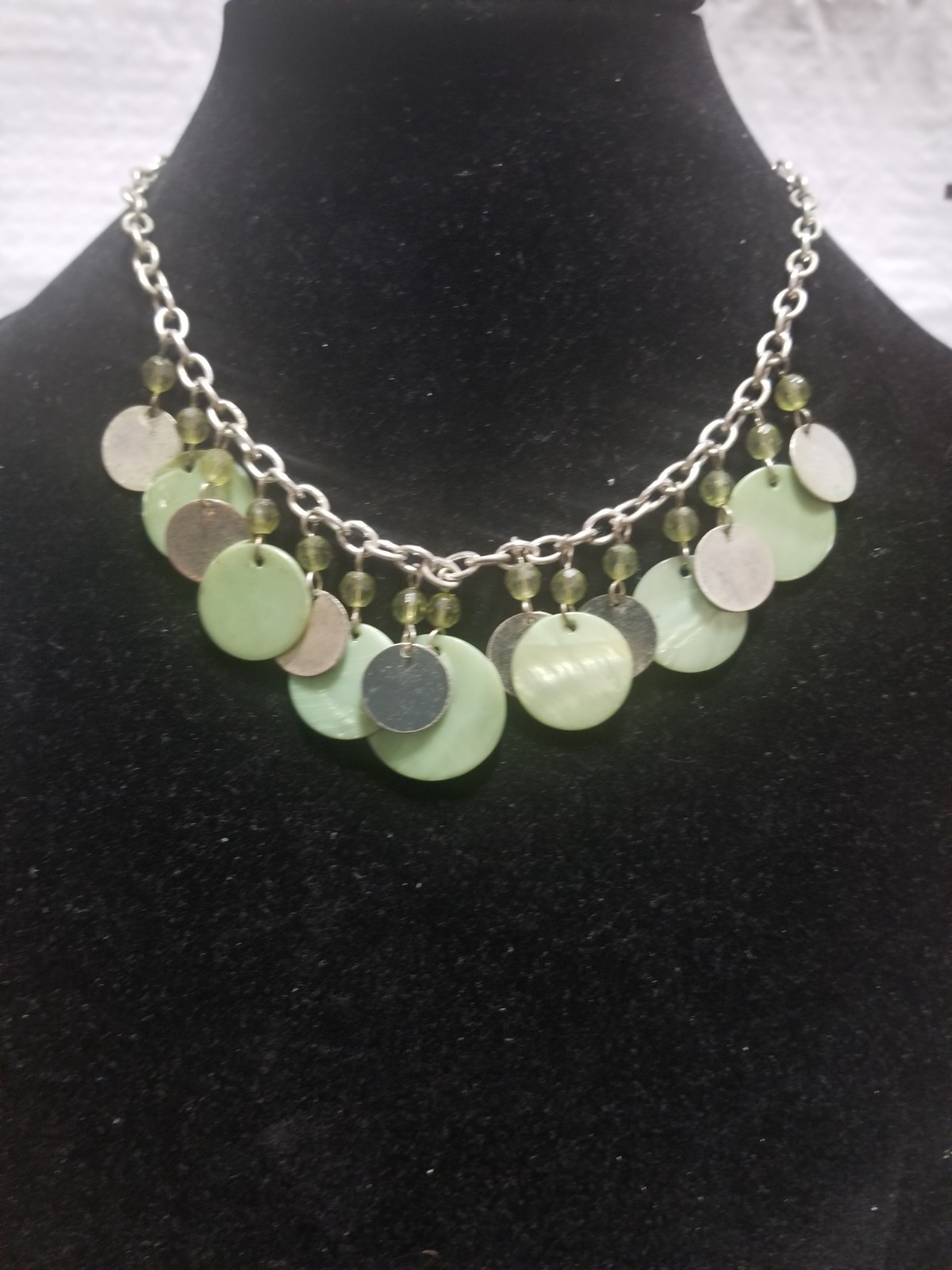 Vintage Necklace & Earrings Set Silvertone With Green Shells And Beads 18 Inches