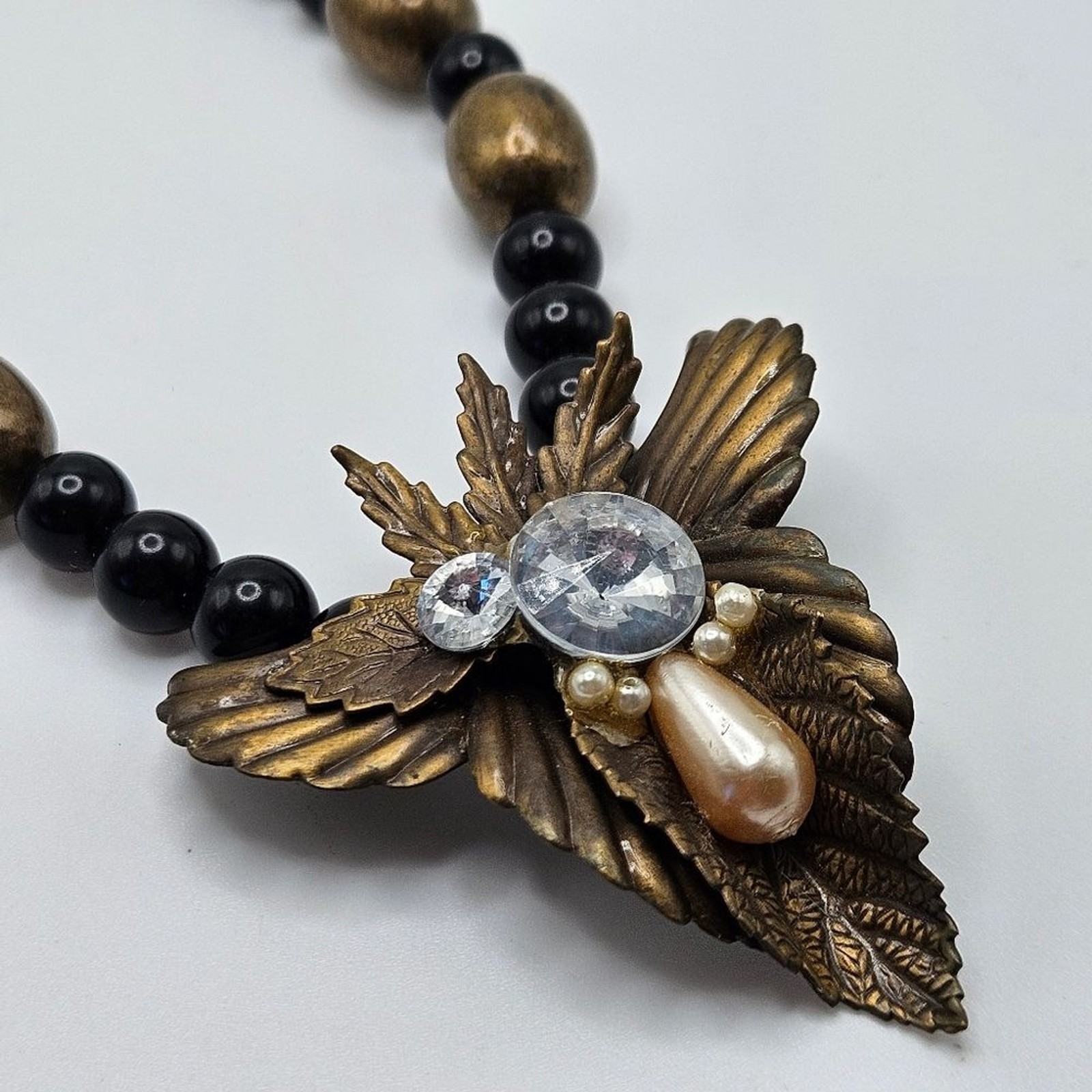 VINTAGE Art Deco Black and Copper Tone Statement Beaded Necklace