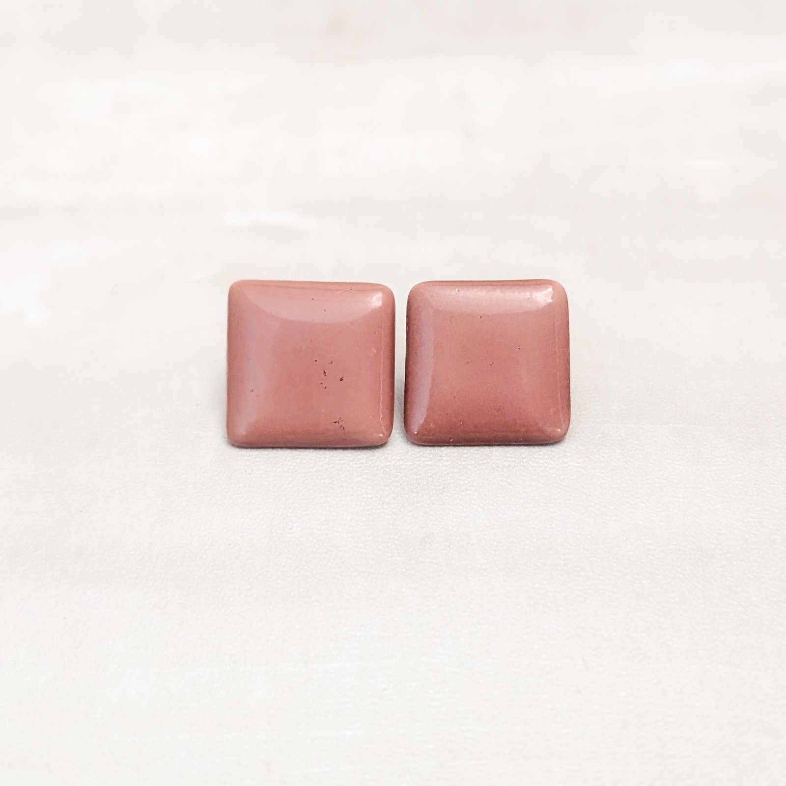 Vintage Clip On Earrings Light Brown with Pinkish Undertone Square Shape Retro
