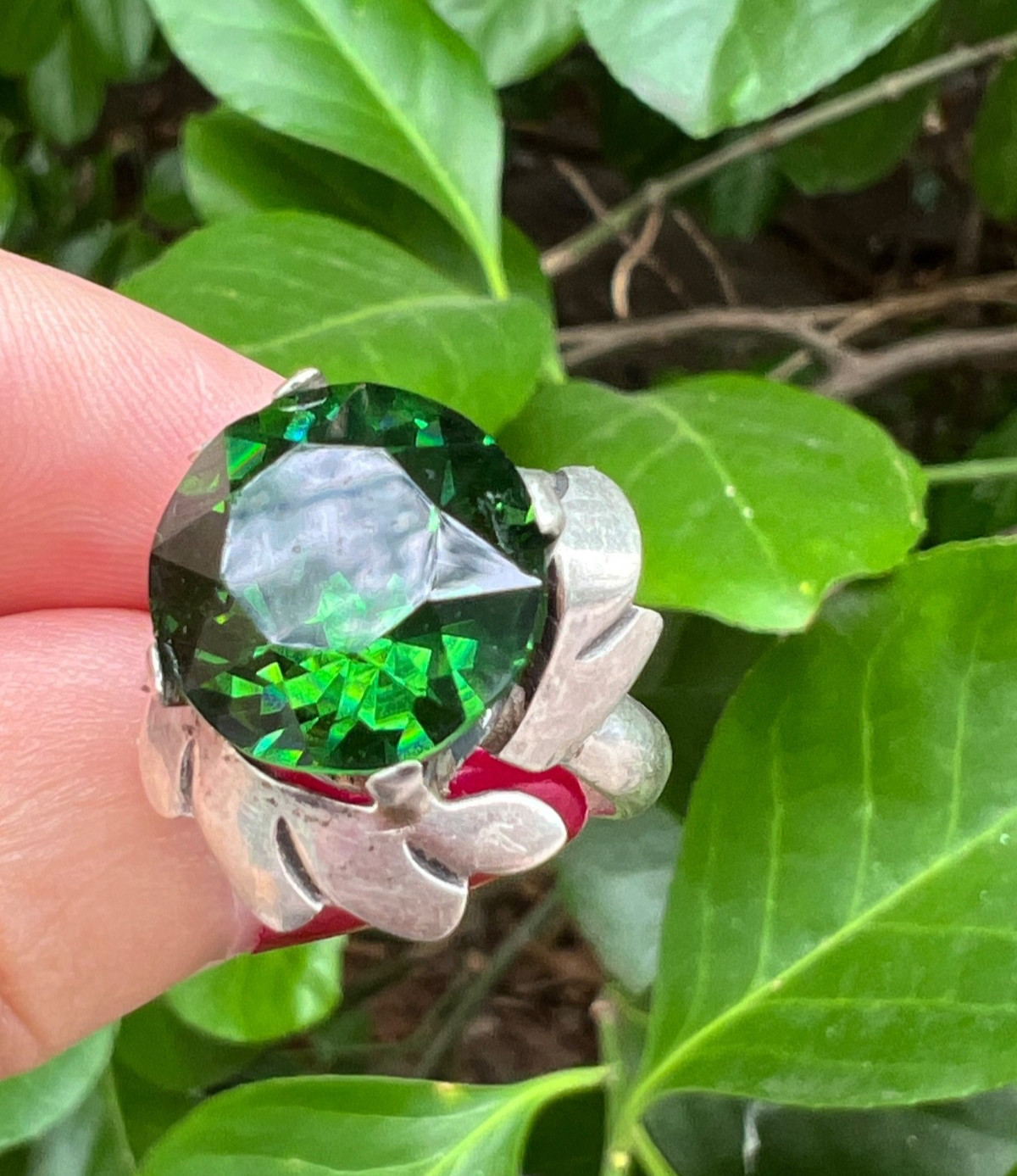 VINTAGE LARGE ROUND GREEN PASTE GLASS RHINESTONE RING 925 STERLING SLVER MEXICO
