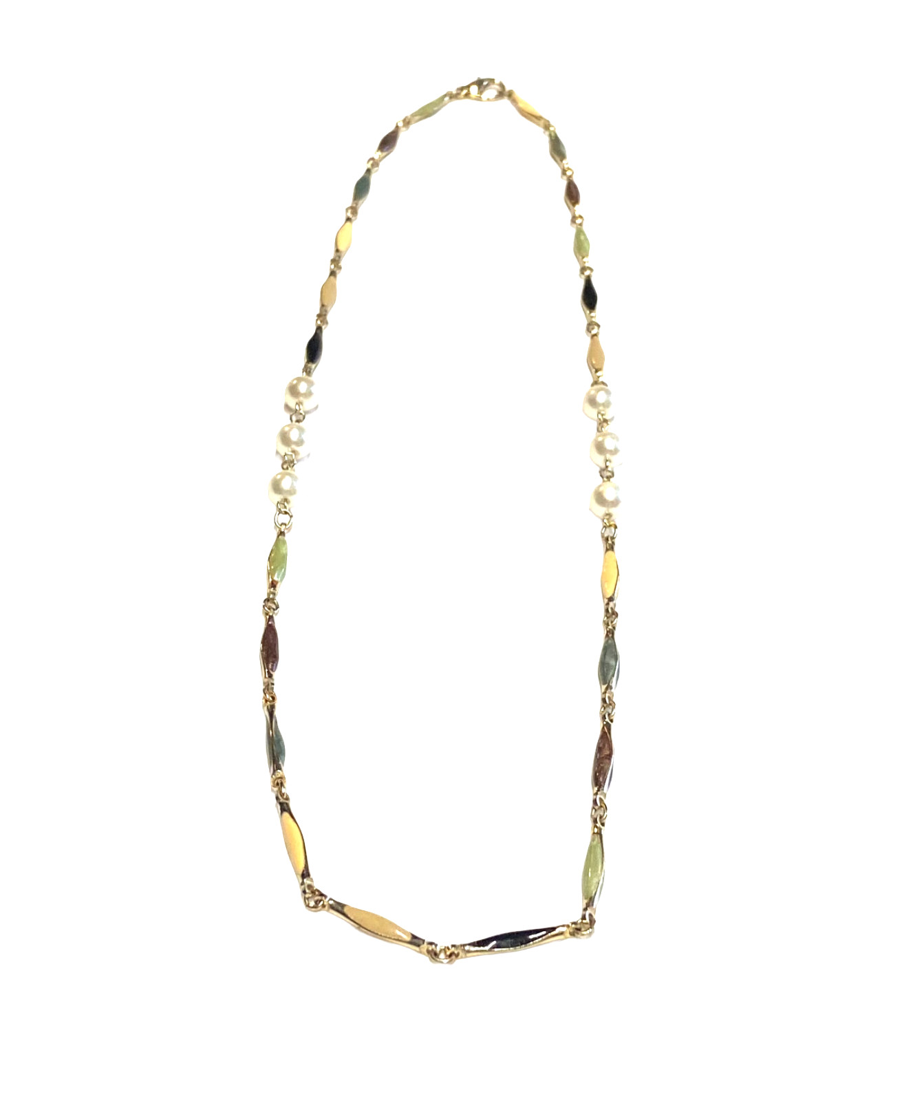 Vintage Gold Tone Multicolor Enamel Bar Link Elliptical Faux Pearl Necklace 25″
