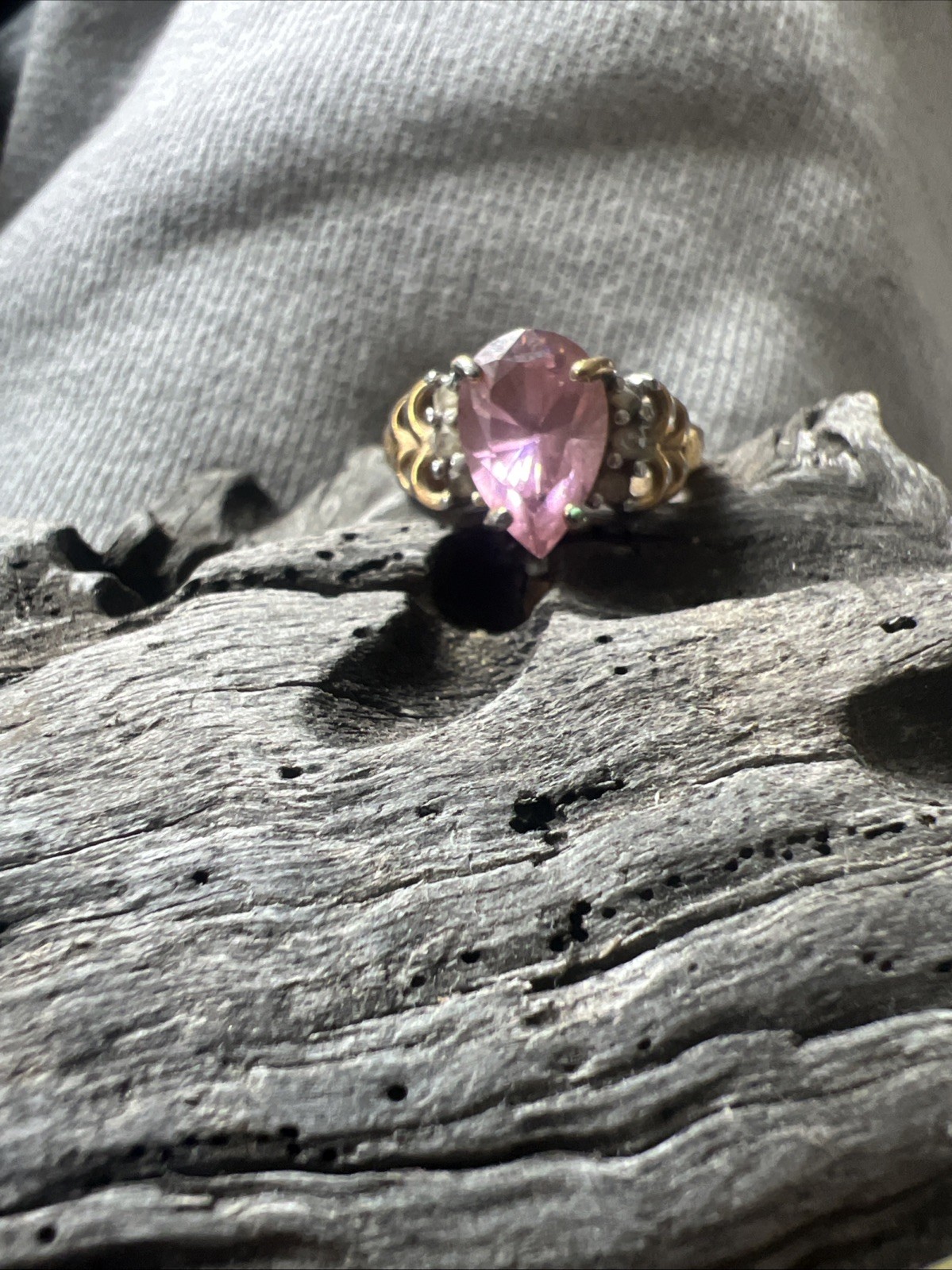 Vintage Stamped Ring-18KT GE Rhinestones With Pink Stone Size 7 3/4